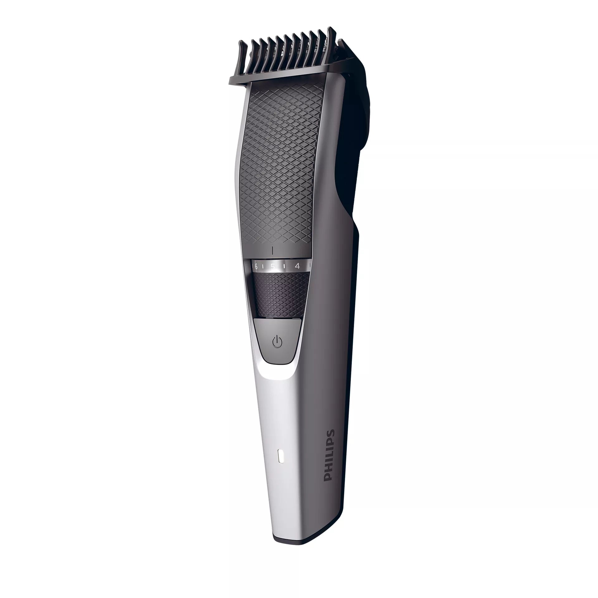 Philips BT3239/15 skægtrimmer serie 3000 med en ergonomisk designet krop i grå og sort farve, justerbare længdeindstillinger og en knap til tænd/sluk placeret på forsiden