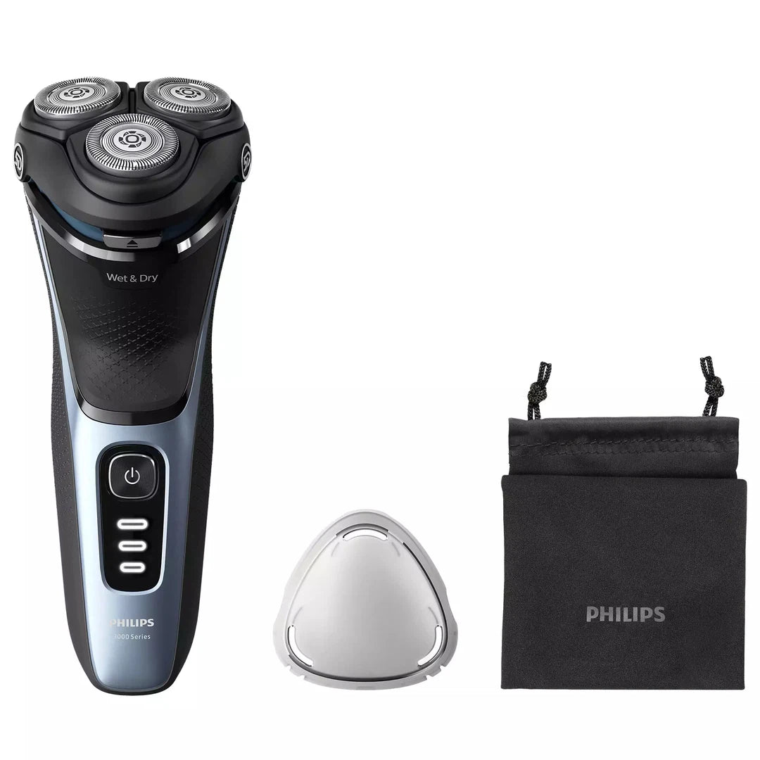 Elektrisk shaver Philips S3243/12 til våd og tør barbering med tre skærehoveder og ergonomisk håndtag samt beskyttelseslåg og opbevaringspose