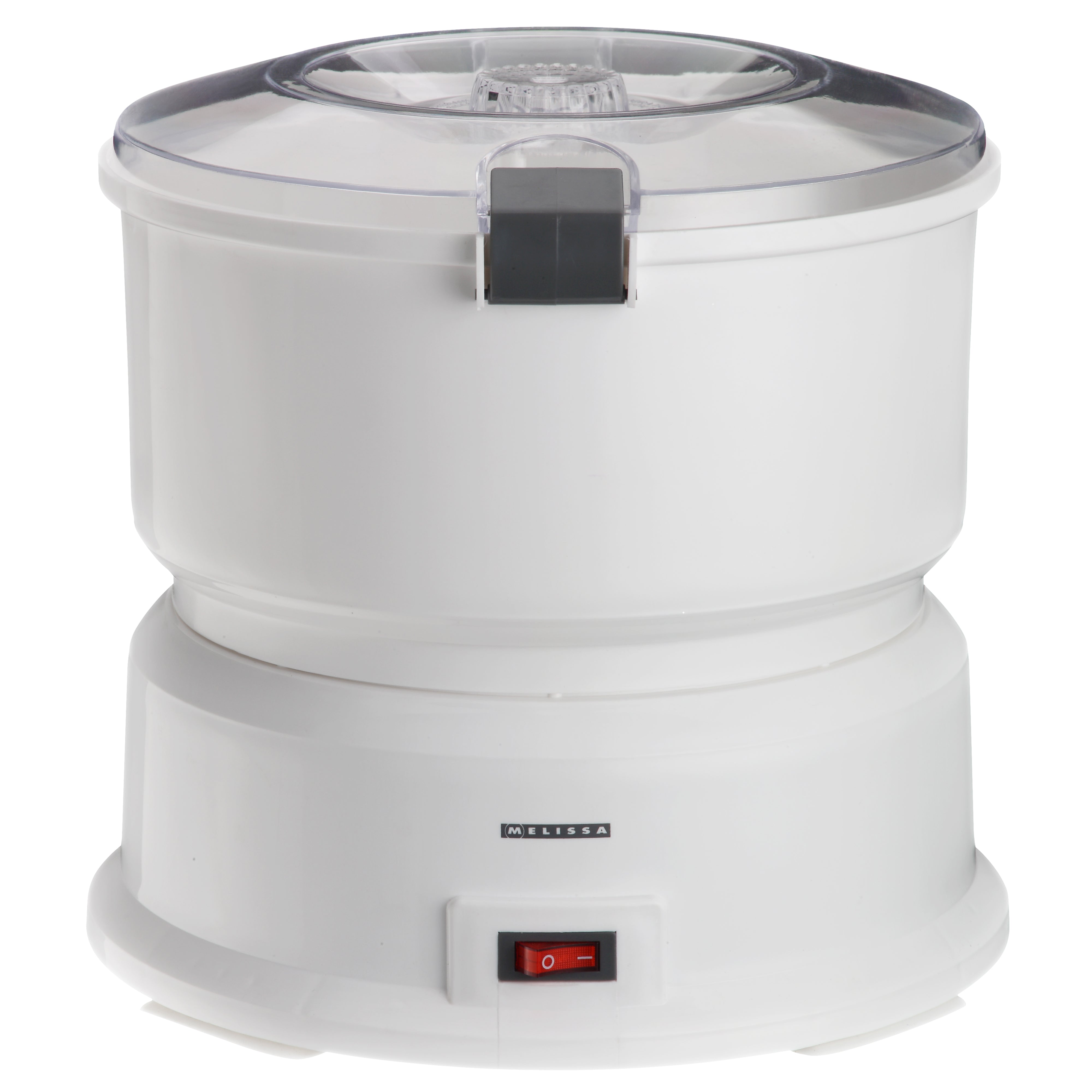 Melissa kartoffelskræller 85W i hvid farve med gennemsigtig låg og tænd/sluk-knap på forsiden designet til effektivt at skrælle kartofler og andre rodfrugter