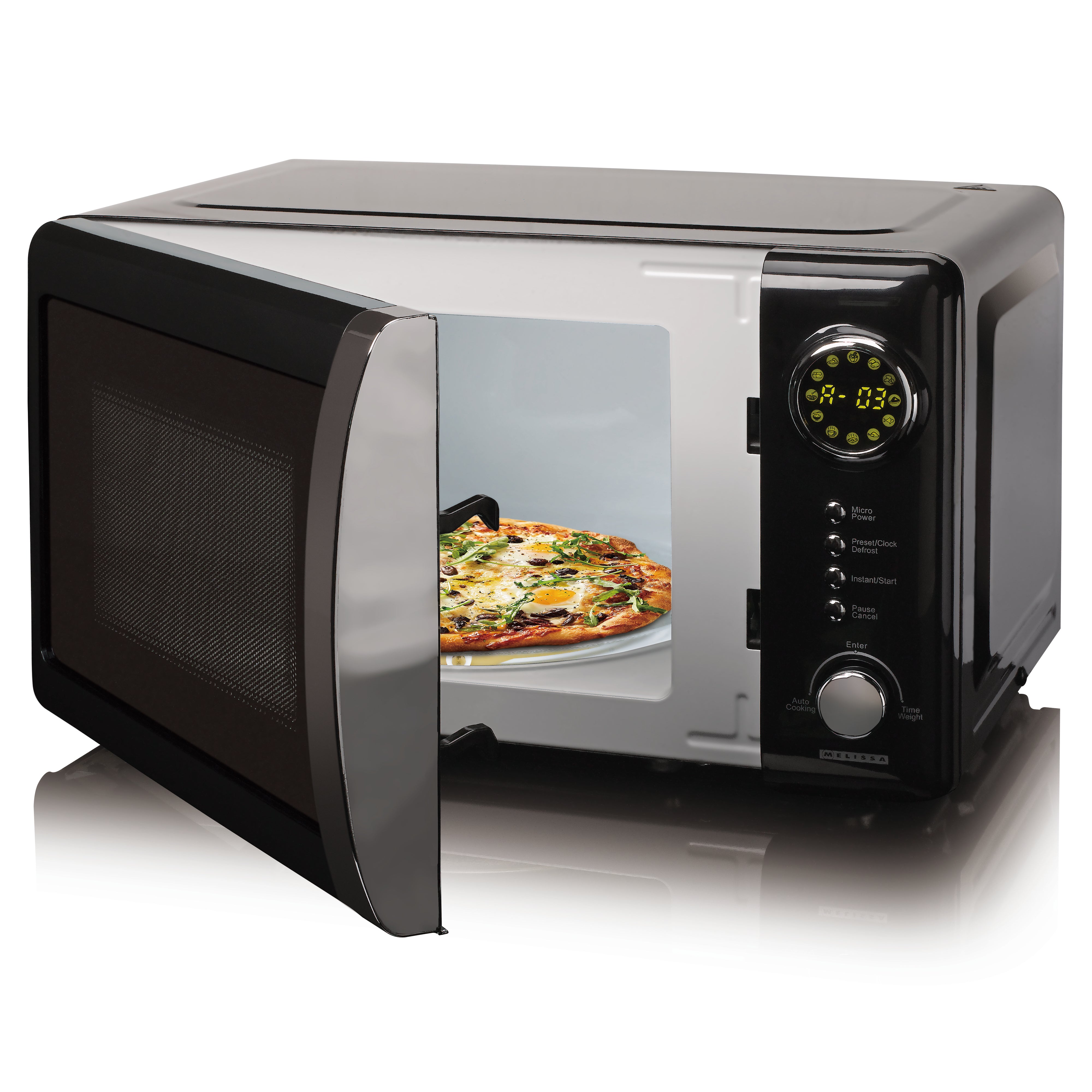 Melissa mikrobølgeovn 700W i sort farve med åben dør og en tallerken pizza indeni samt kontrolpanel med lysende tal og funktionsknapper