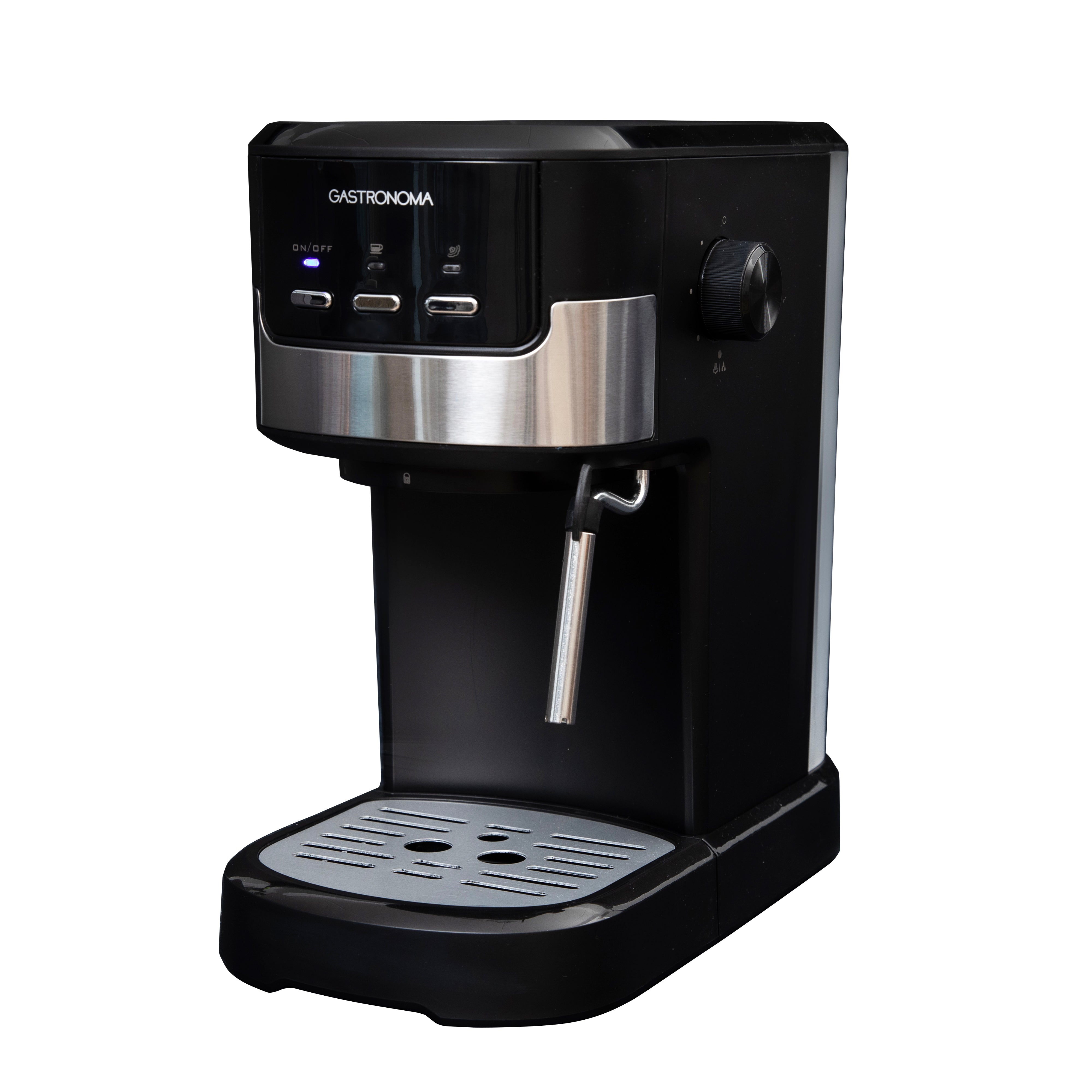 Gastronoma espressomaskine med 15 bar tryk og 1100 watt effekt designet til at tilberede aromatisk espresso har en moderne sort og stålfinish med betjeningsknapper og dampstav samt en praktisk drypbakke