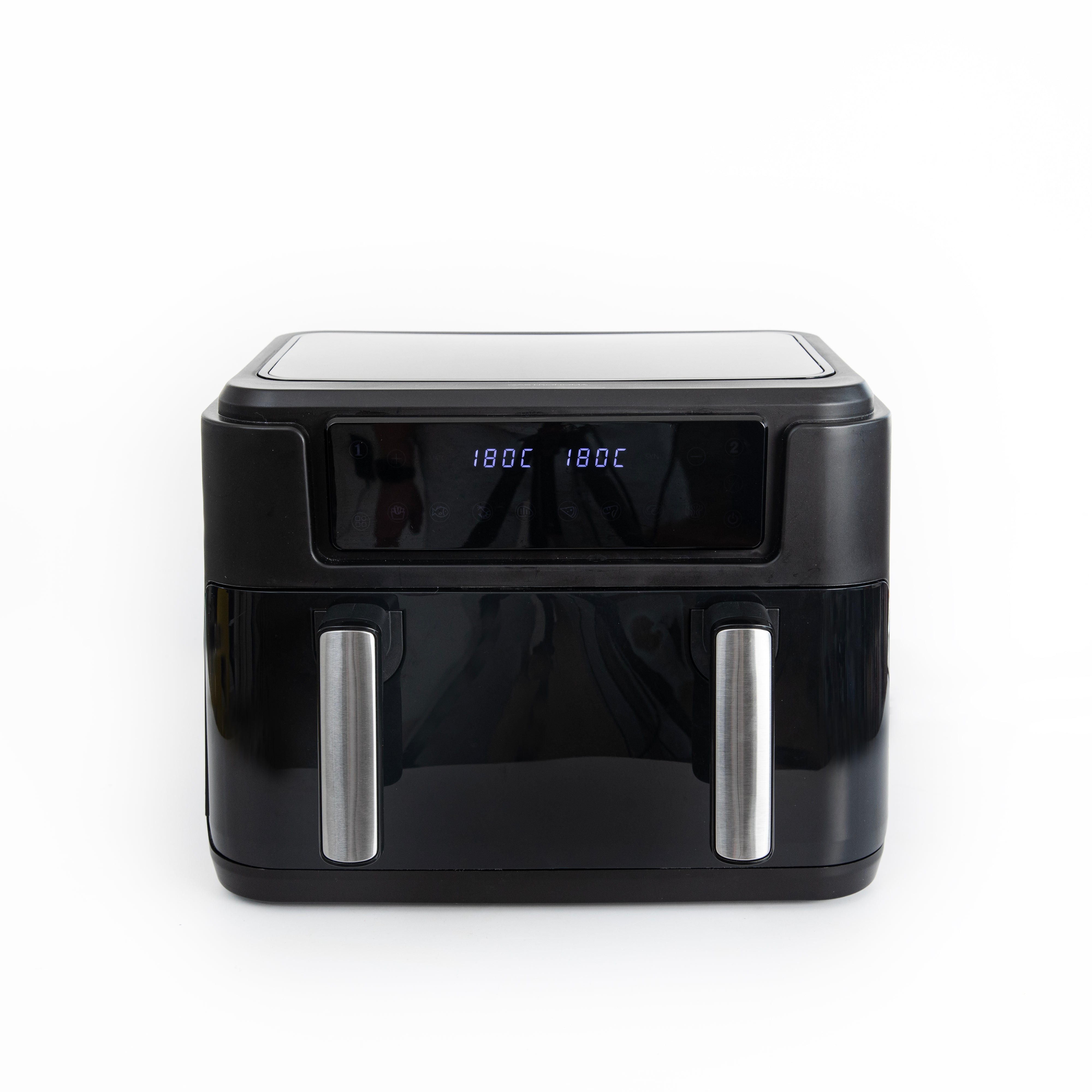 Dual zone air fryer fra Gastronomas på 10 liter i sort farve med digitale temperaturvisninger og to betjeningsgreb foran