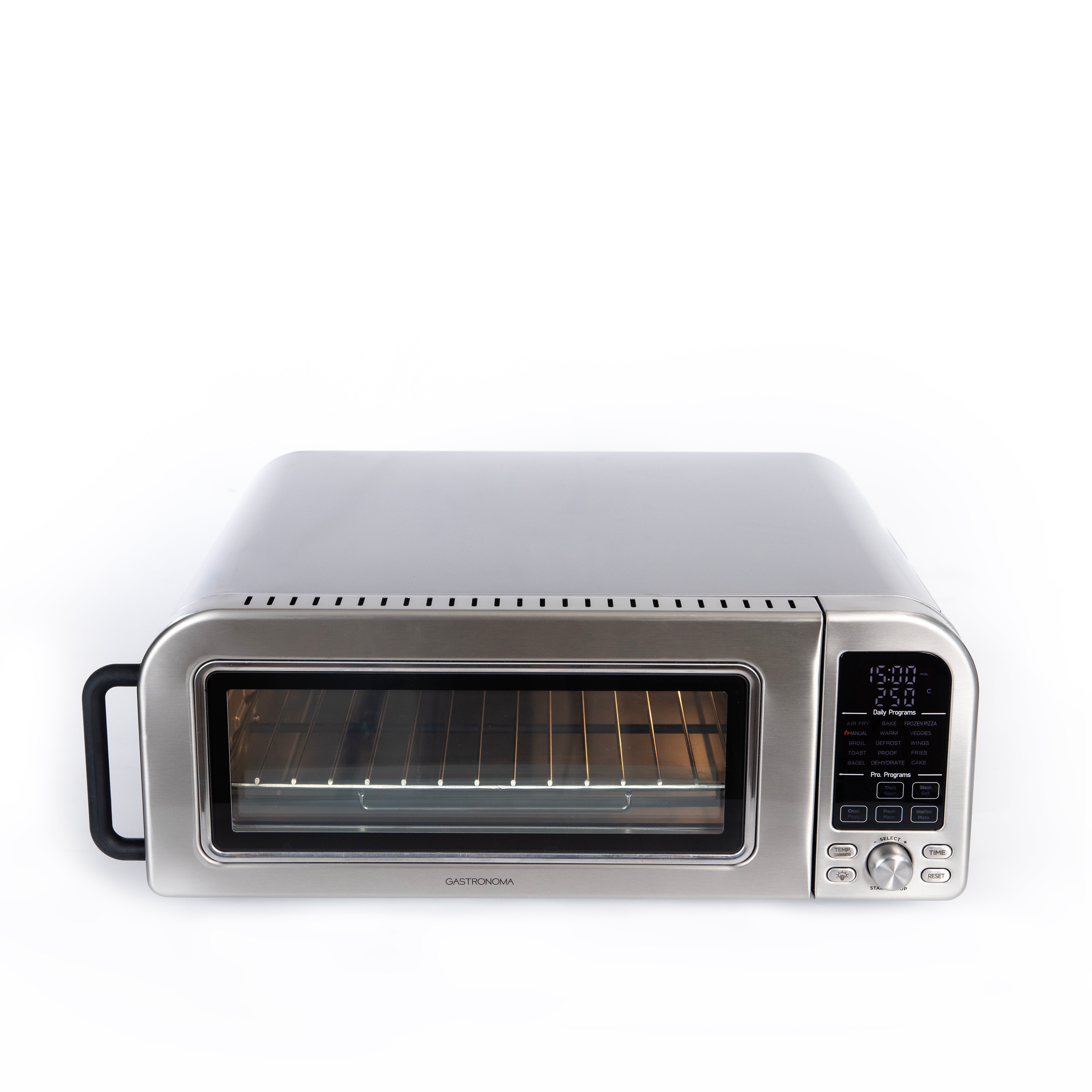 Gastronoma Airfryer og Pizzaovn i rustfrit stål med stor indvendig kapacitet på 18 liter og digitalt styresystem med 15 programmer og 2000 watt effekt