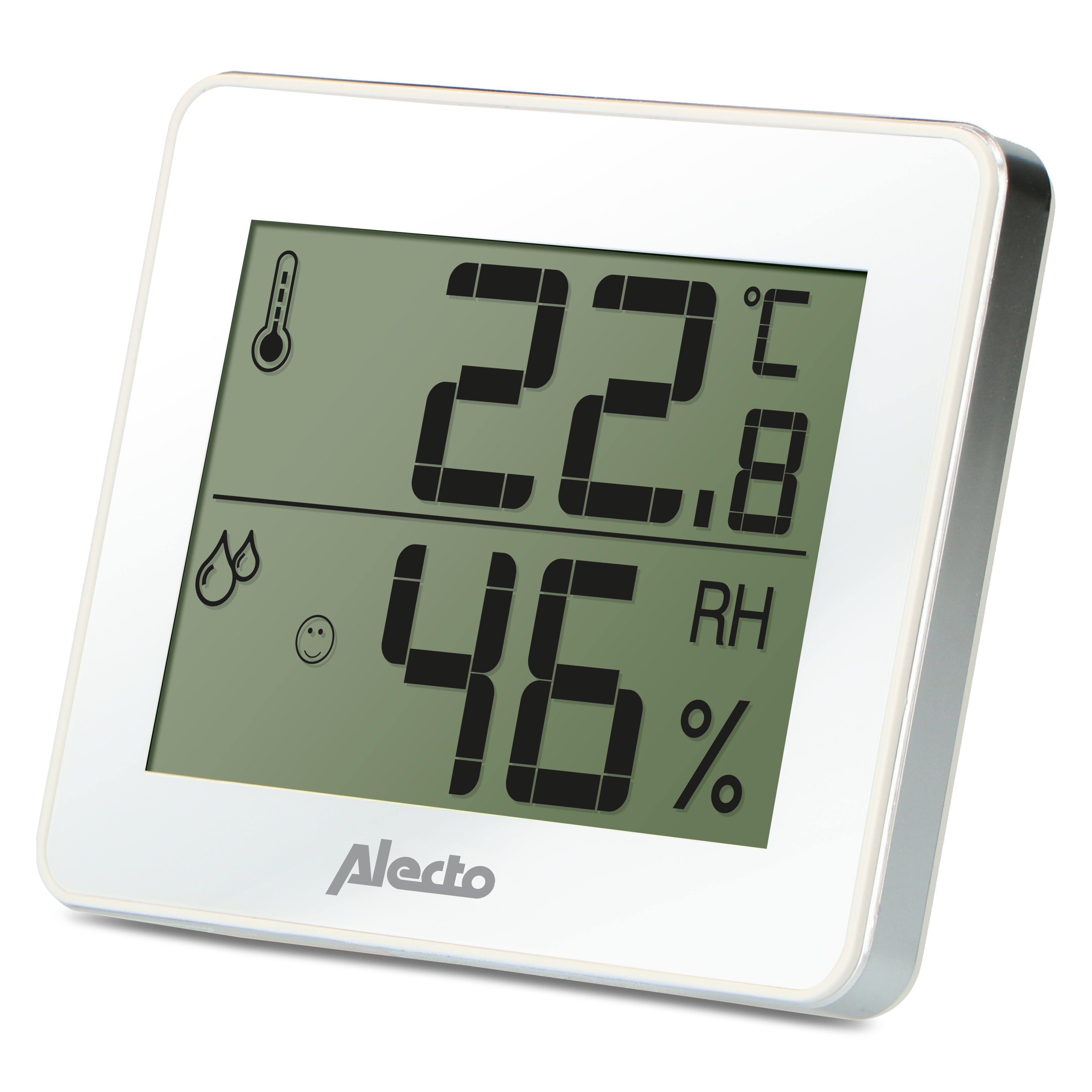 Alecto WS-55 termometer og hygrometer i hvid og sølv med stort digitalt display der viser temperatur 22,8 grader Celsius og relativ fugtighed 46 procent