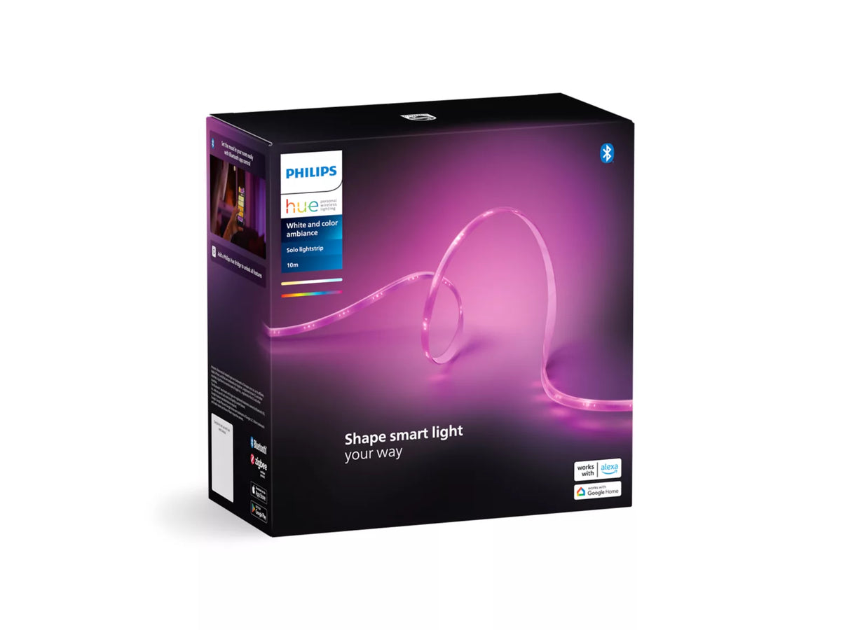 Pakke med Philips HUE Solo lysstribe på 10 meter viser en fleksibel lysstribe med skiftende farver og hvidt lys til smart belysning i hjemmet