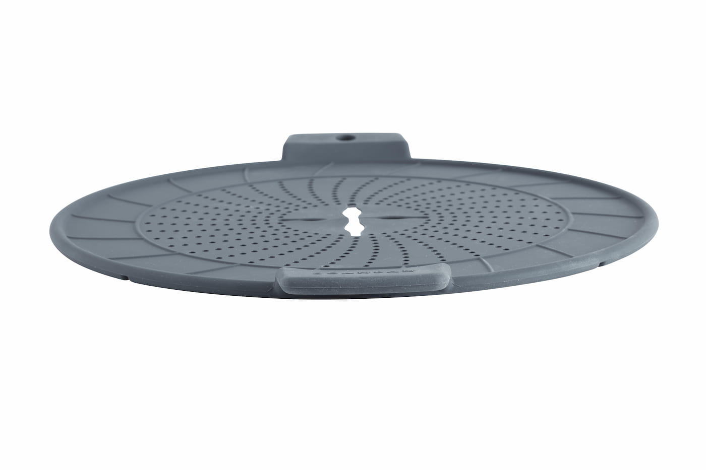 Scanpan Stænklåg i silikone i grå farve med perforeret design og håndtag til nem håndtering og sikring af madlavning mod sprøjt fra gryder.