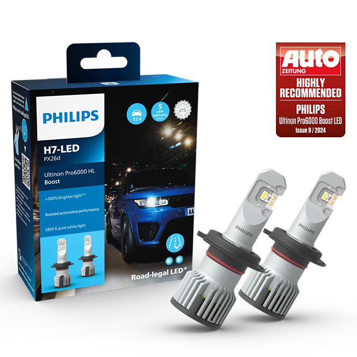 Philips H7 Ultinon Pro6000 Boost LED pærer i pakke med to enheder viser høj lystydelse og er godkendt til brug på offentlig vej med 5 års garanti og en anbefaling fra Auto Zeitung.
