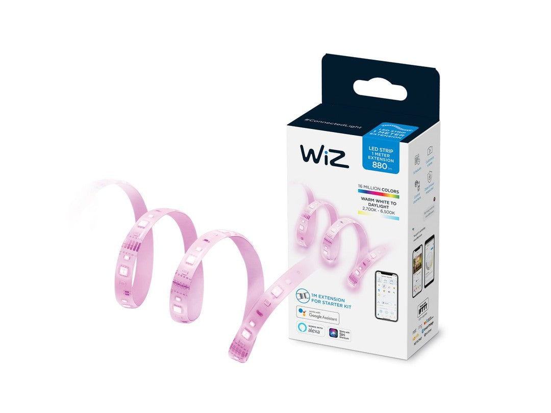 WIZ LED-strips forlængelse 1 meter pakket med to fleksible pink lysstrimler der kan dæmpes og skifter mellem 16 millioner farver designet til at blive brugt med et startkit  smartphone-app og stemmeassistenter som Google Assistant og Alexa