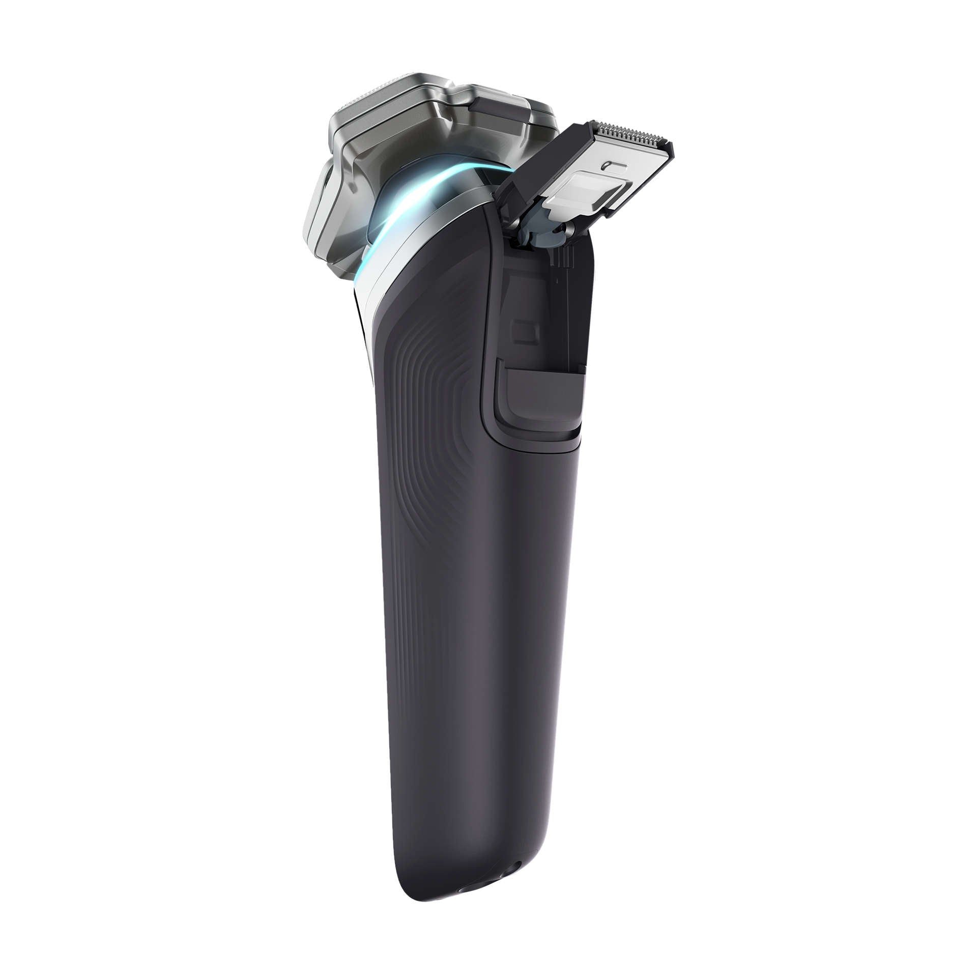 Elektrisk Philips S9976/55 Wet & Dry shaver serie 9000 set fra siden med et ergonomisk design og det synlige skærehoved åbent