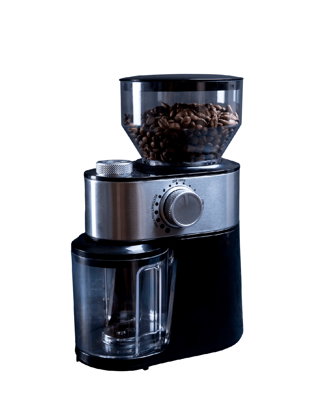 Gastronoma kaffekværn i sort og rustfrit stål med en glaskuppel fyldt med kaffebønner og en beholder til det malede kaffe på forsiden plus en justeringsknap for indstilling af grusningsgrad
