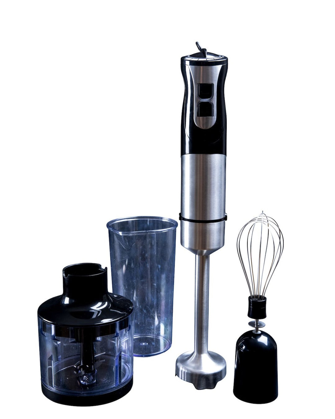 Gastronoma stavblender i sort og rustfrit stål med tilbehør herunder hakker, piskeris og bæger, 1000W, velegnet til madlavning og bagning, præsenteret på hvid baggrund.