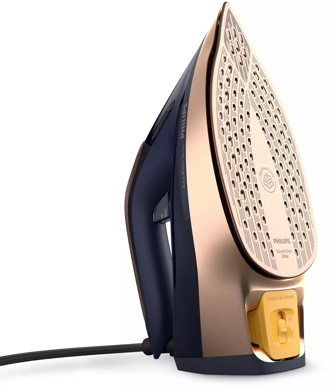 Billede af Philips DST8050/20 Azur 8000 Series dampstrygejern set fra siden med en moderne og strømlinet design i guld og mørkeblå farver samt en synlig kalkudløser i gul farve
