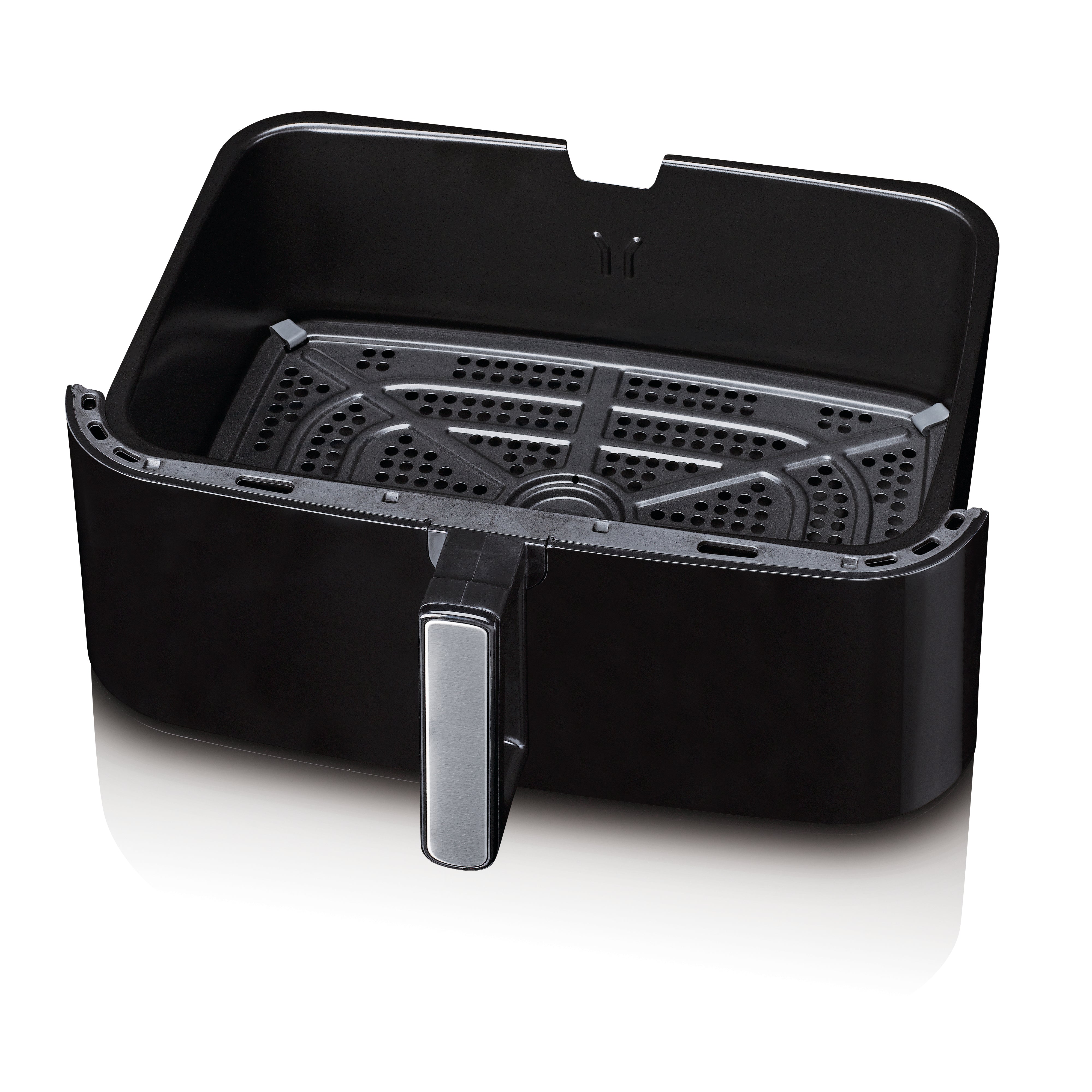 Gastronoma friturekurv med 10 liters kapacitet i sort plastik med en praktisk håndtag og perforeret bund for optimal varmefordeling