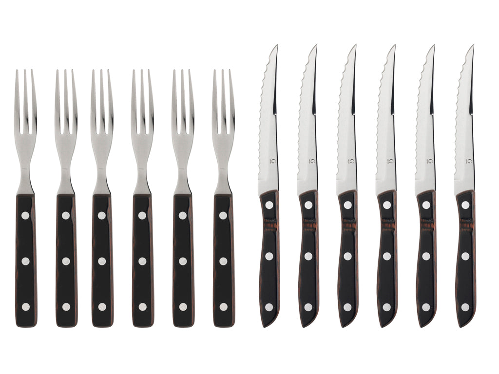 Gense Old farmer klassisk Steakbestik med 12 dele i træ og stål herunder seks gafler og seks knive med elegante sorte håndtag og polerede stålblade