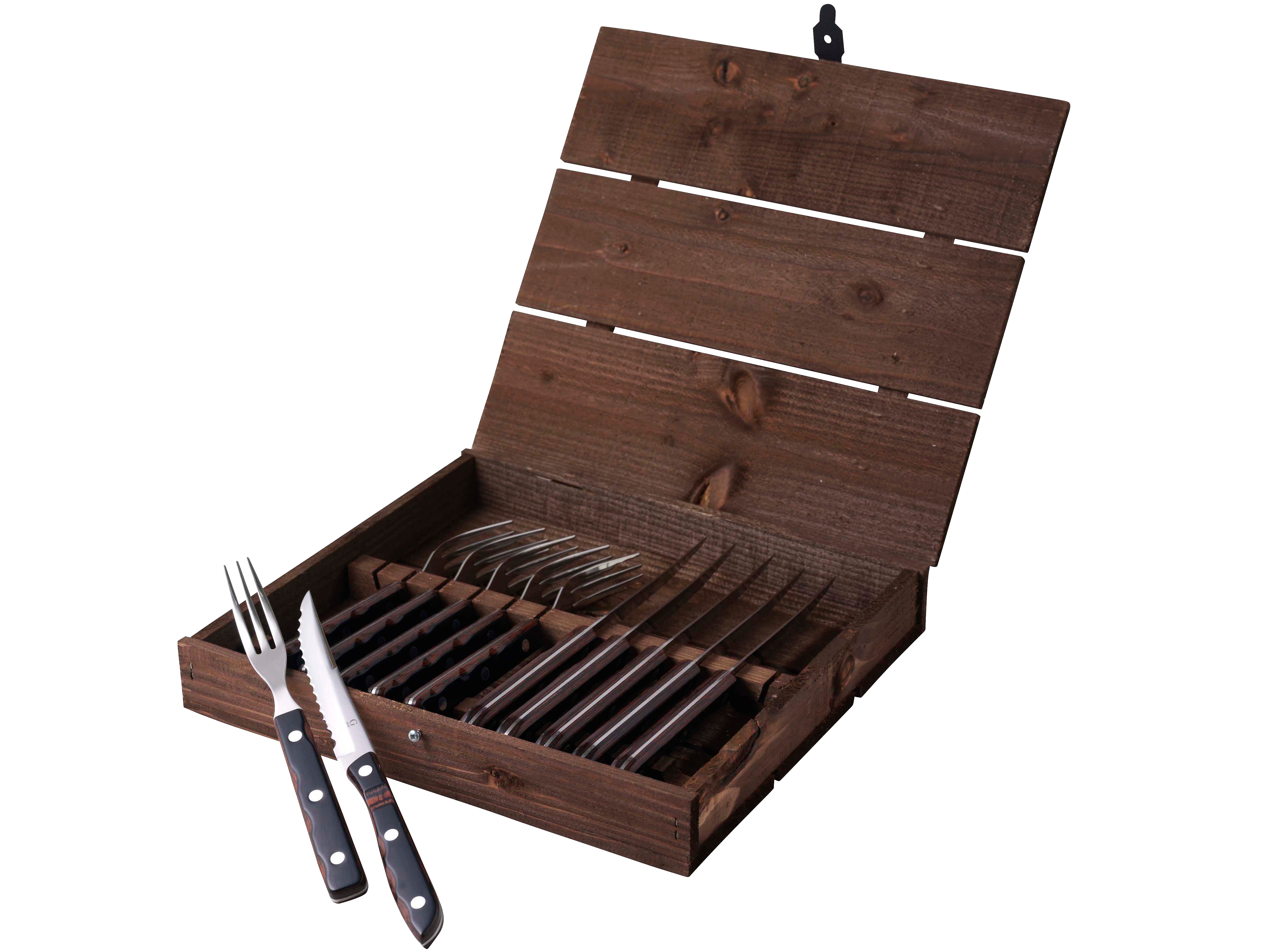 Gense Old Farmer klassisk steakbestik og grillbestik med 12 dele i træ og stål i en åben kasse med låg samt 6 gafler og 6 knive med sorte håndtag