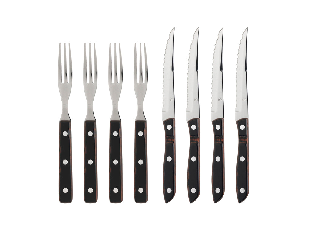 Sæt med 8 dele af Gense Old farmer klassiske steakknive og gafler i træ og stål med sorte håndtag og hvide prægede knapper
