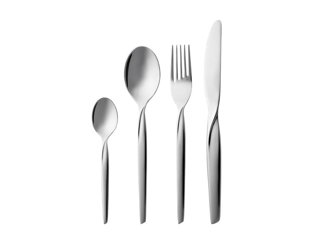Billede af Gense Twist bestiksæt bestående af sølvfarvet skål, dessertske, gaffel og kniv med et moderne og elegant design