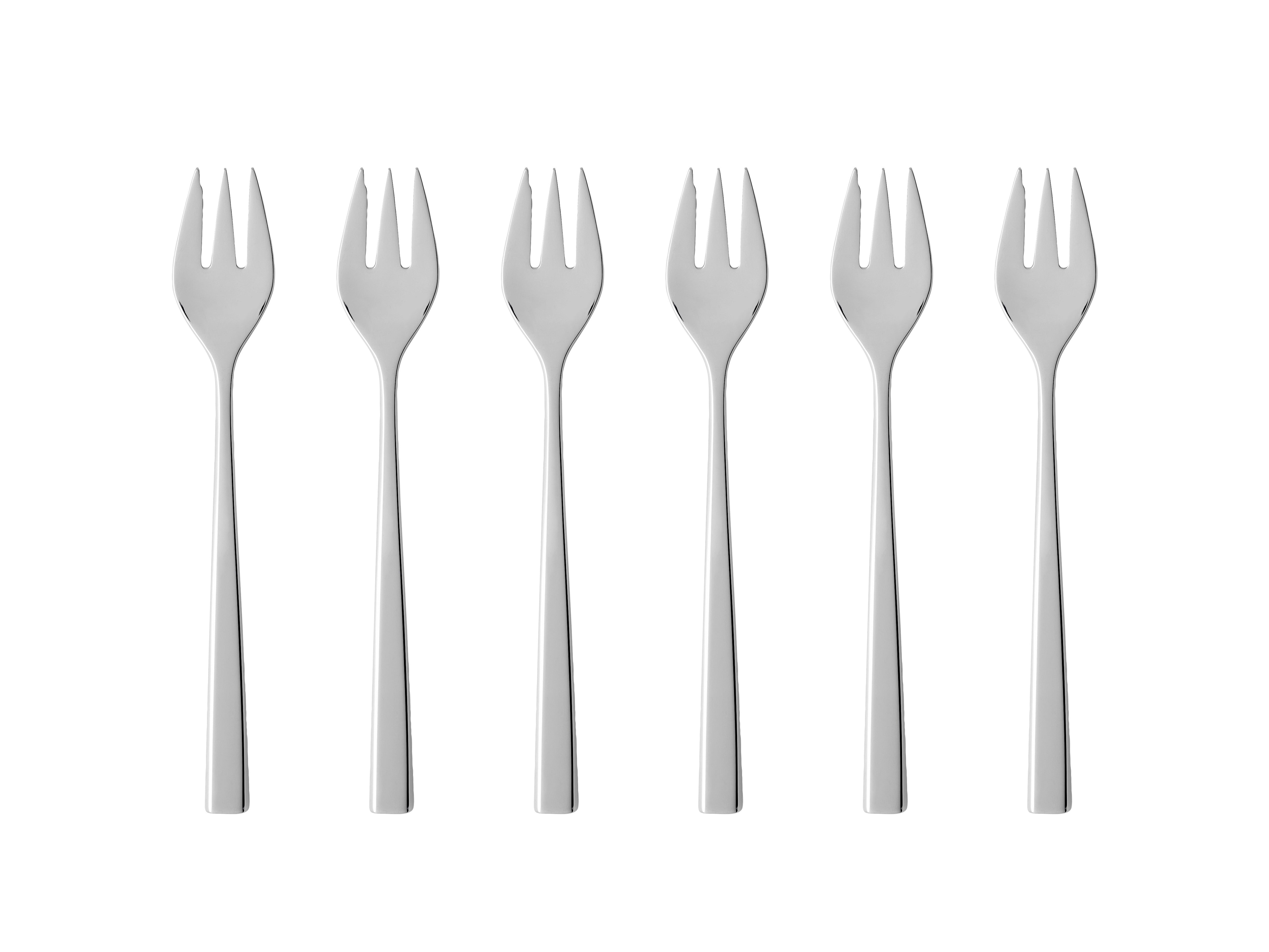 Gense Fuga kagegaffel 15,5 cm i sæt af seks stk med blankt stålfinish designet til elegant servering af kager og desserter