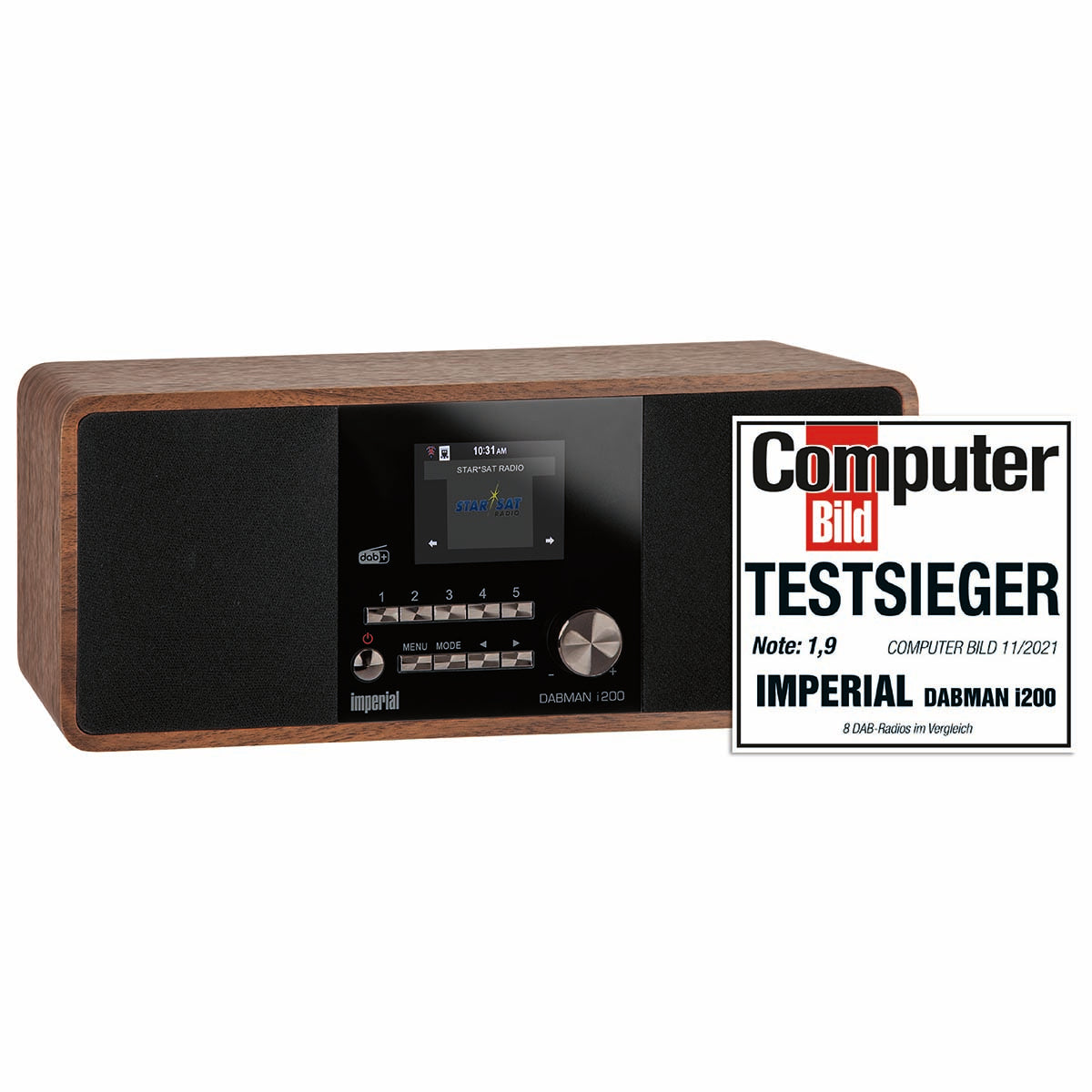 Multifunktionel stereoradio fra Imperial i trælook med DAB+/FM/internet funktioner med et stort display og navigationsknapper samt et testvinder badge fra Computer Bild