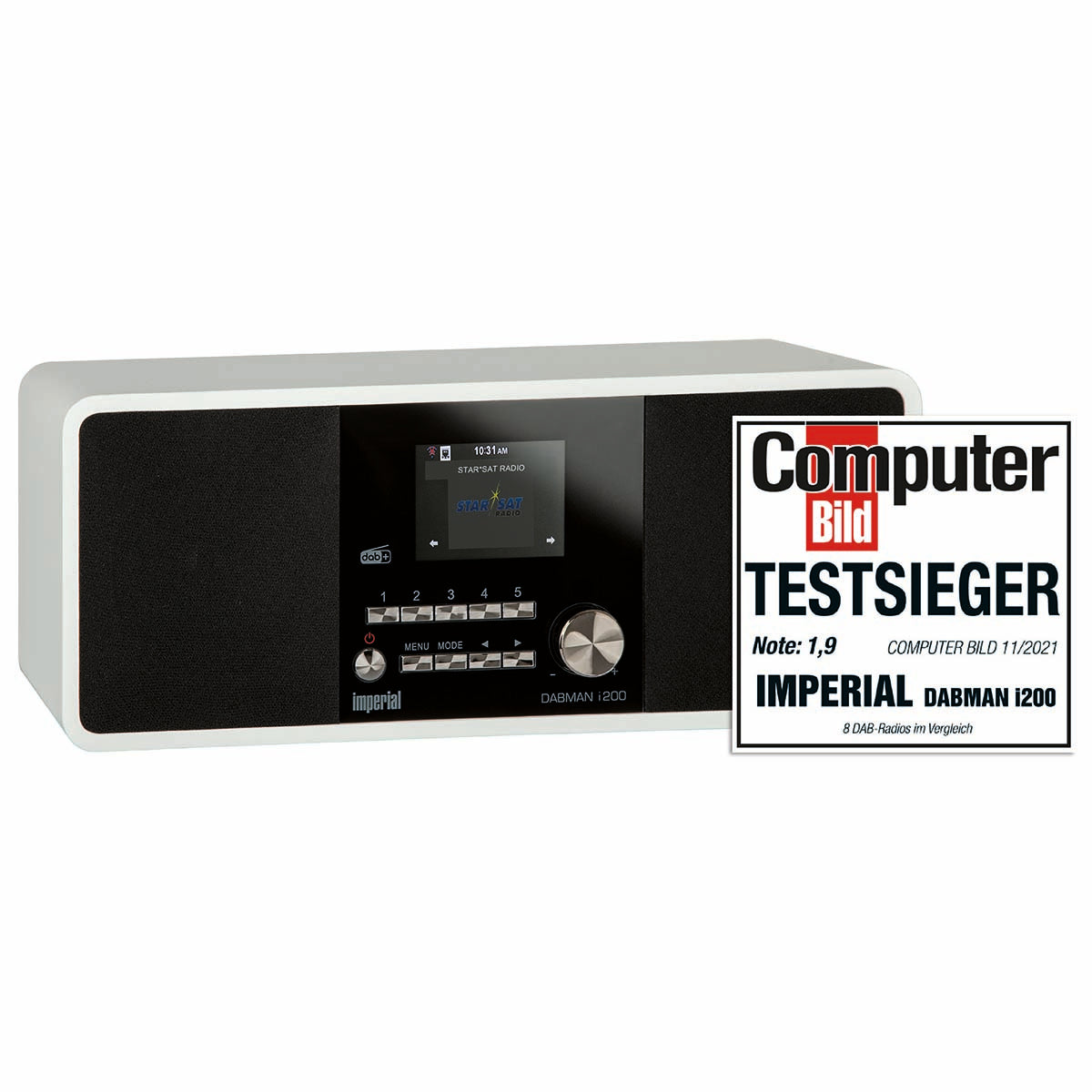 Multifunktionel stereoradio DAB+ FM Internet i hvid farve med display og betjeningsknapper DABMAN i200 fra Imperial med en testsieger anerkendelse fra Computer Bild