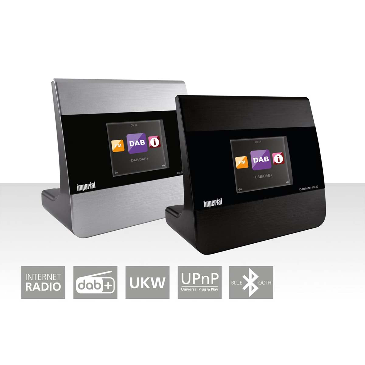Billede af to kompakte hybridradioer fra Imperial DABMAN i400 i sølv og sort farve med farveskærm der viser forskellige radiokilder som DAB+, FM og internet samt Bluetooth-funktioner og logoer for internet radio, DAB+, UKW, UPnP og Bluetooth.
