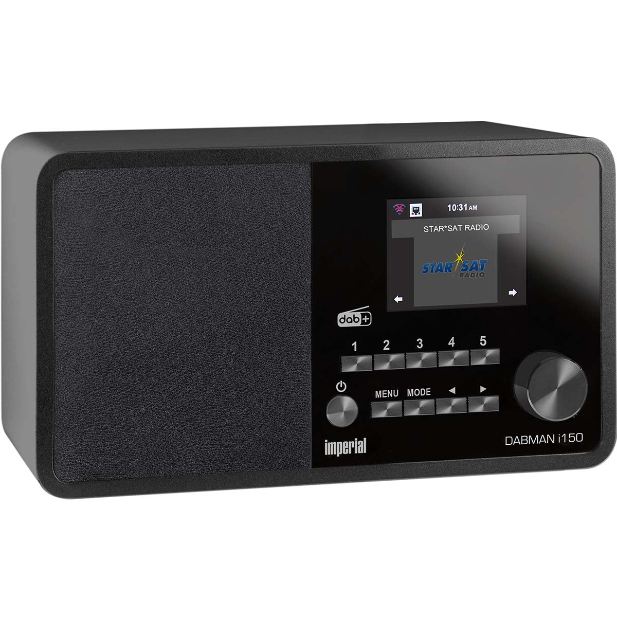 Imperial DABMAN i150 kompakt hybridradio i sort design med touchscreen display og knapper til DAB+ og FM radio funktioner samt internetforbindelse