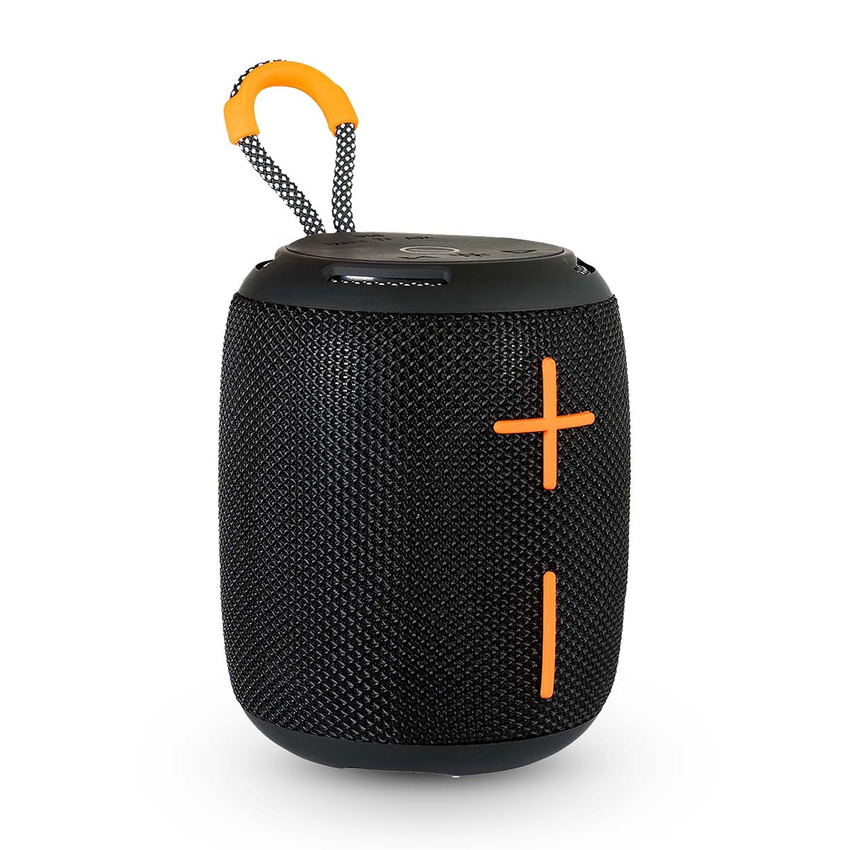 Billede af en sort Bluetooth-højttaler med en orange håndtag og betjeningsknapper på forsiden til justering af lydstyrke og funktioner