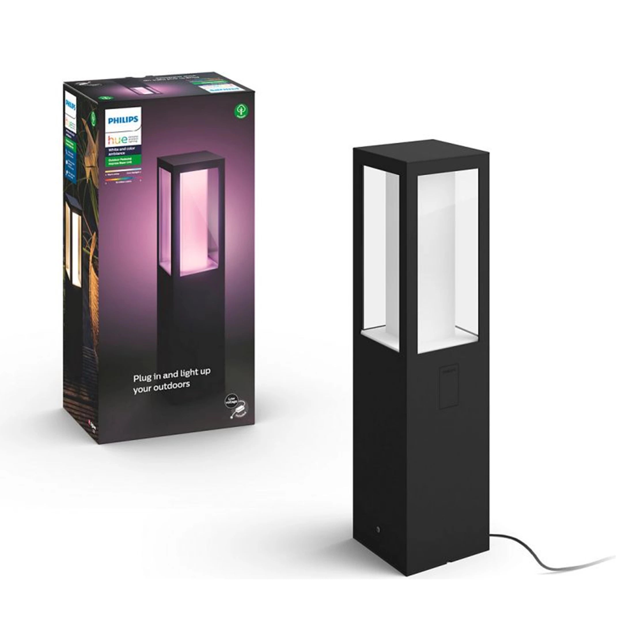 Billede af Philips Hue Impress havelampe med mørk kasse i baggrunden og lampen vist til højre i en slank sort design med gennemsigtige sider