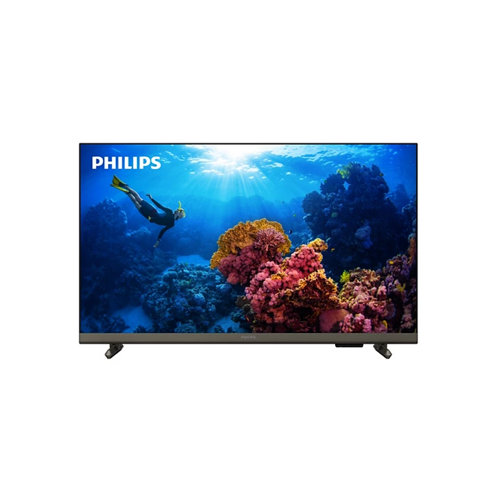 Philips 24 tommer Smart TV med modelnummer 24PHS6808/12 viser en farverig undervandsverden med koraller og en snorkler i klart vand under sollys