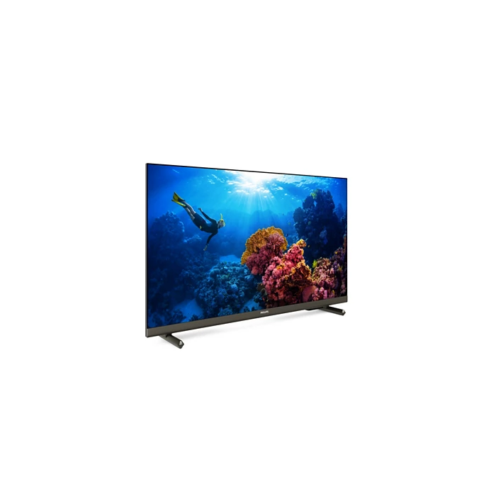 Philips 24 tommer Smart TV med modelnummer 24PHS6808/12 viser en undervandsbillede med en snorkler der svømmer blandt farverige koralrev under et klart blåt vand