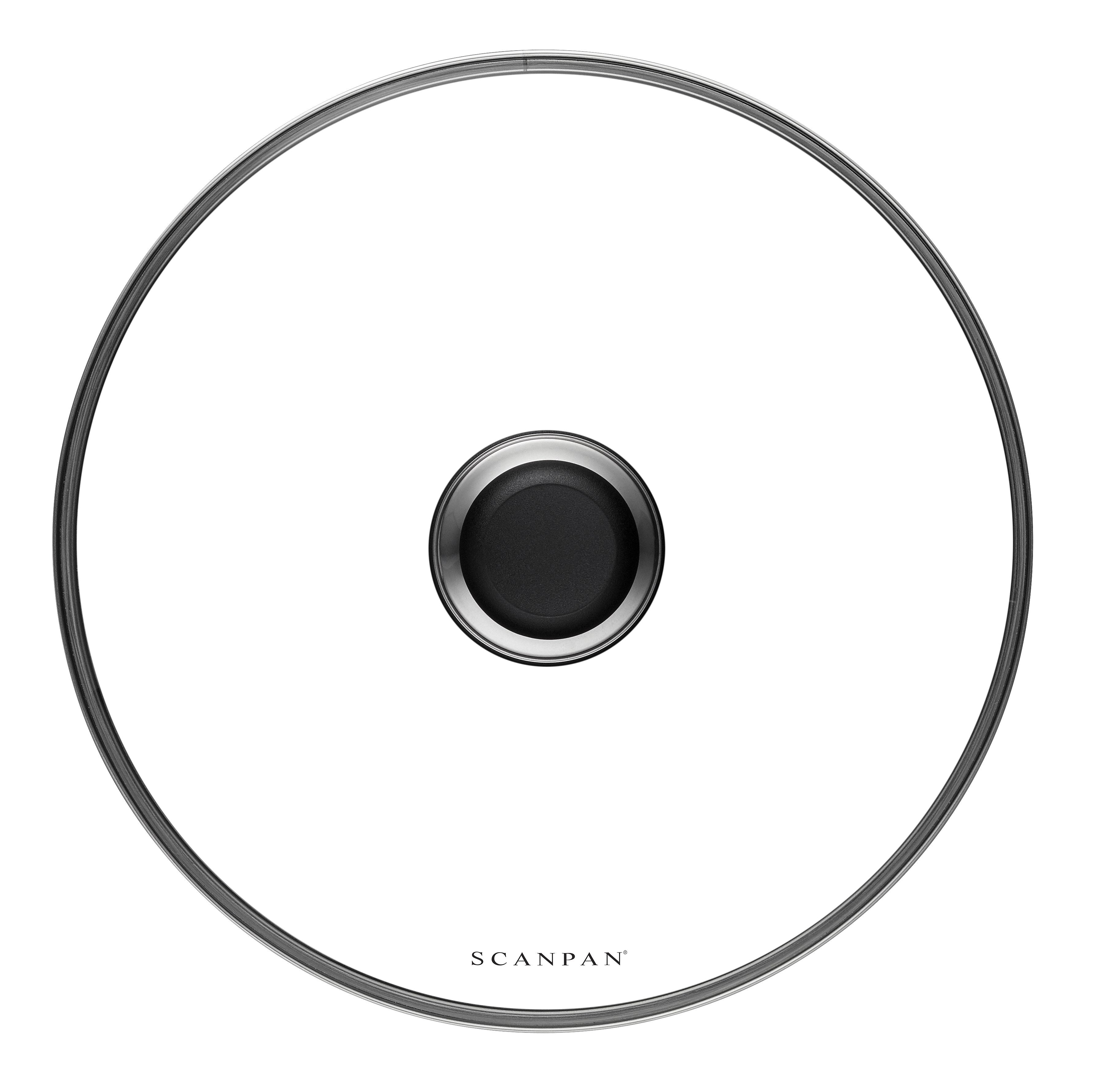 Scanpan 28 cm glaslåg med en sort knop i midten og en tynd metalramme der fremhæver det elegante design
