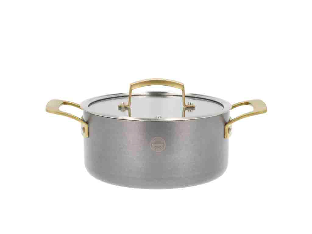 Pillivuyt Gourmet Durance gryde med låg i rustfrit stål med diameter på 20 cm og kapacitet på 2,9 liter med gyldne håndtag