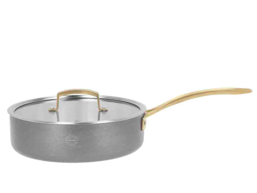 Pillivuyt Gourmet Durance sauterpande med låg i stål diameter 24 cm med en blank overflade og et elegant gyldent håndtag