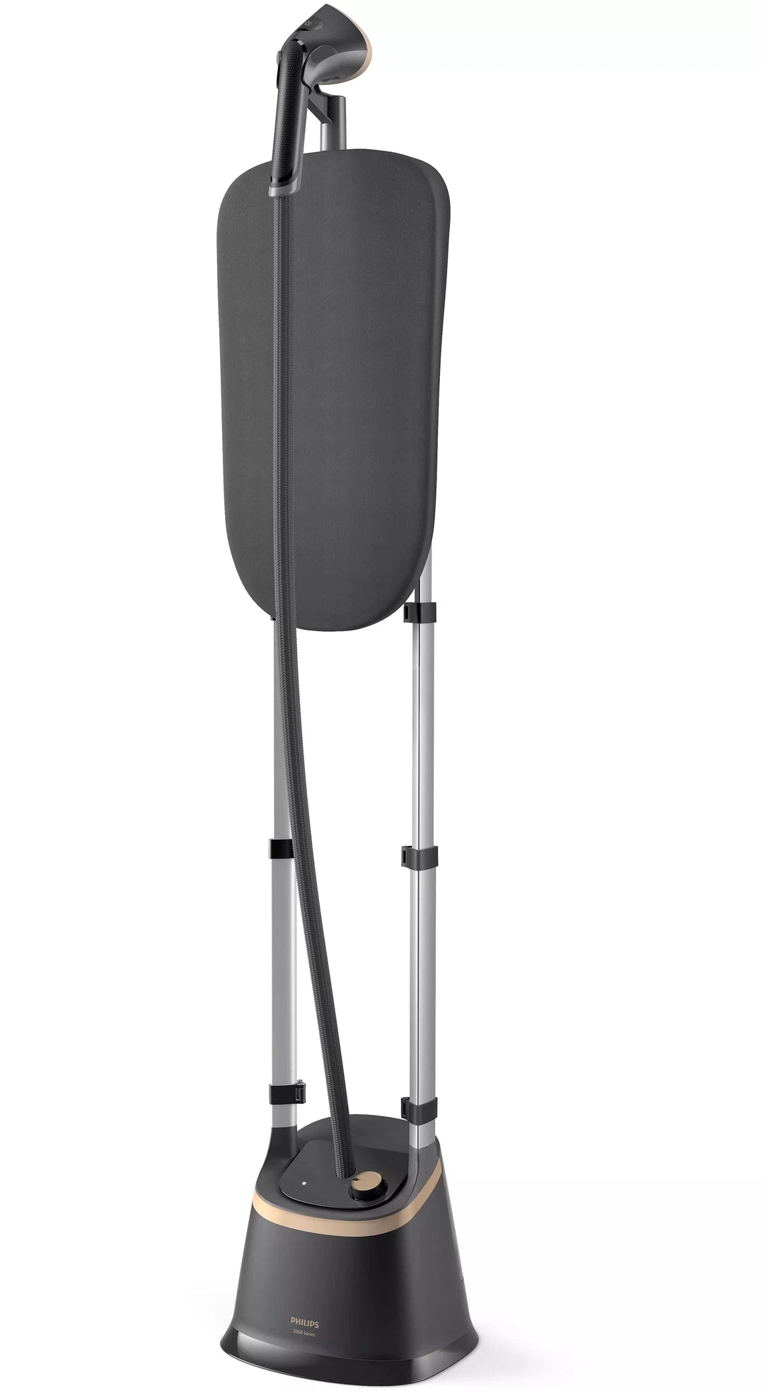 Philips STE3170/80 Stand Steamer 3000 Series med vipbart StyleBoard i sort og sølv med håndtag og dampledning synlig i designet