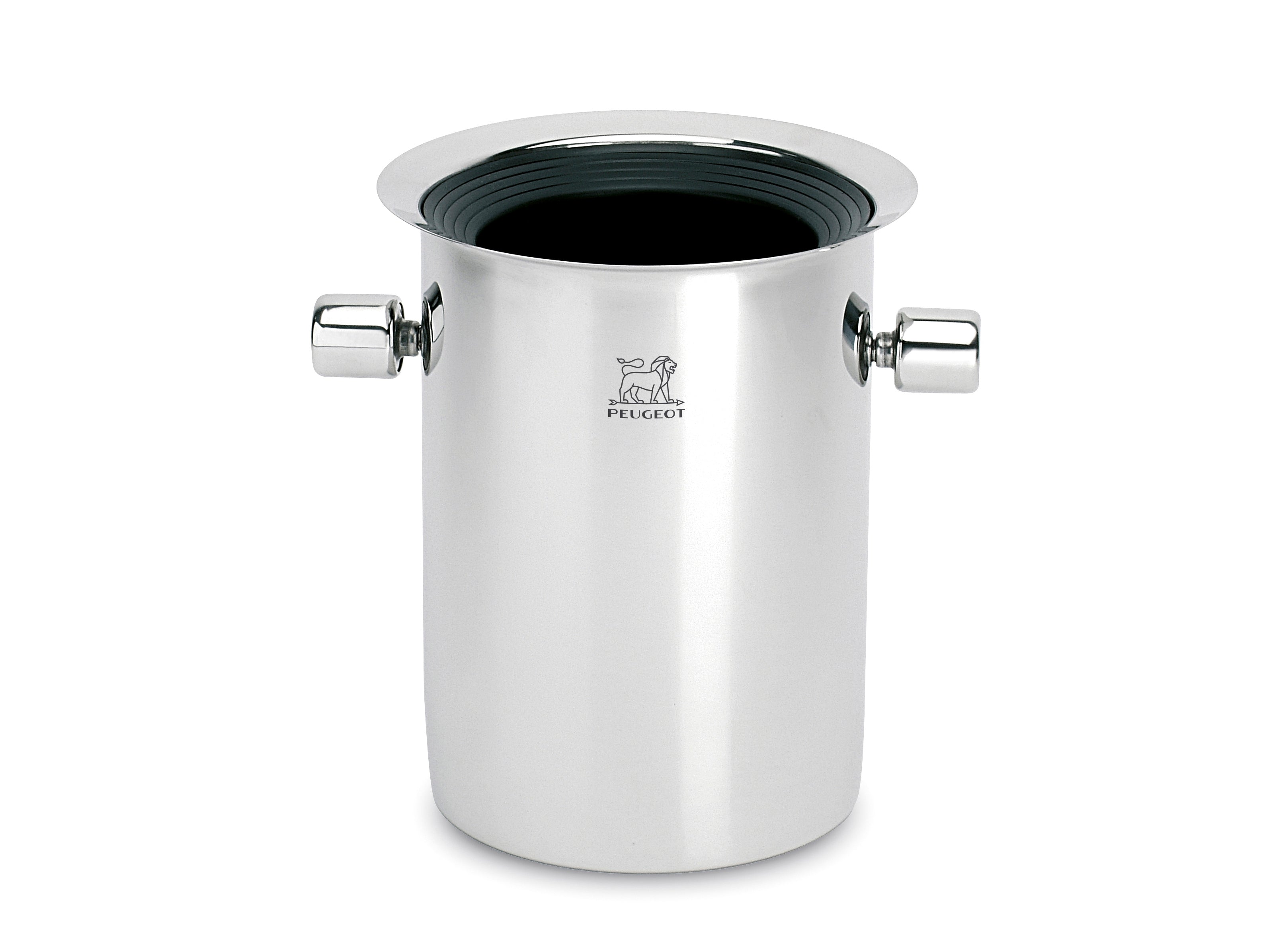 Køler i rustfrit stål fra Peugeot med en diameter på 13 cm og en højde på 19 cm designet til at holde champagne eller vin kold med en elegant og moderne finish samt håndtag på begge sider for nem betjening
