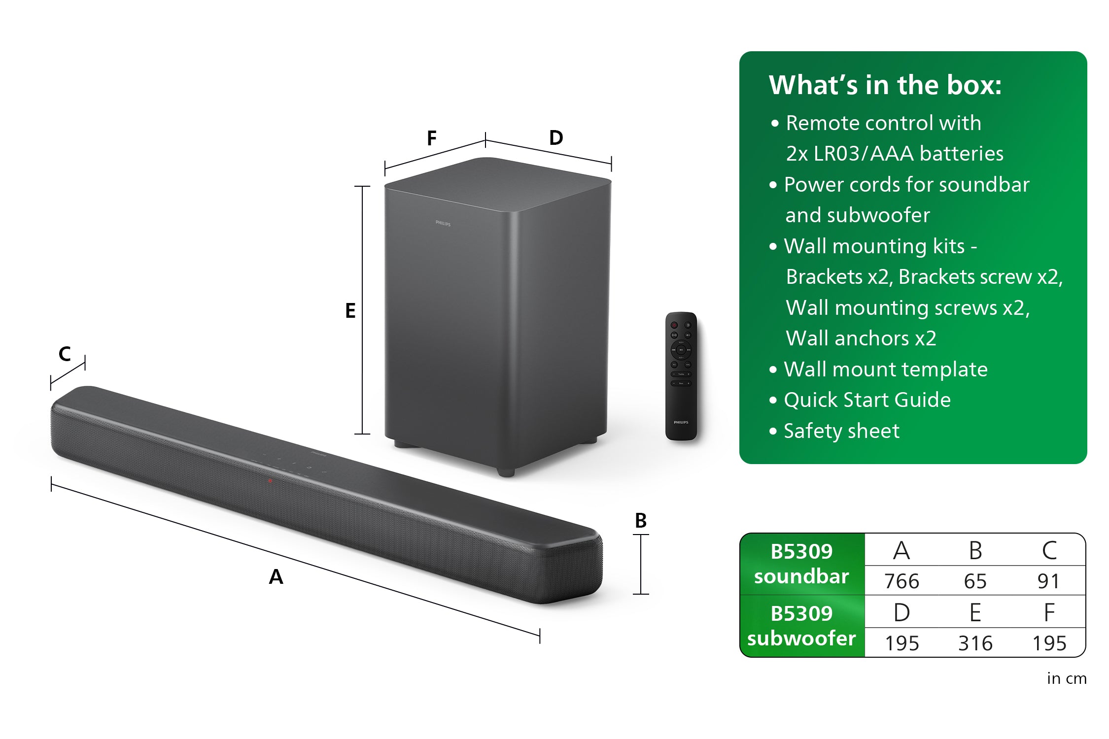 Billede af Philips TAB5309/10 Soundbar med trådløs subwoofer inklusive fjernbetjening og installationsmateriale. Soundbaren er langstrakt og sort med synlige kontrolknapper. Subwooferen er kvadratisk og robust med en mat overflade. Vejledninger og monteringsmateriale er synlige i højre side af billedet.