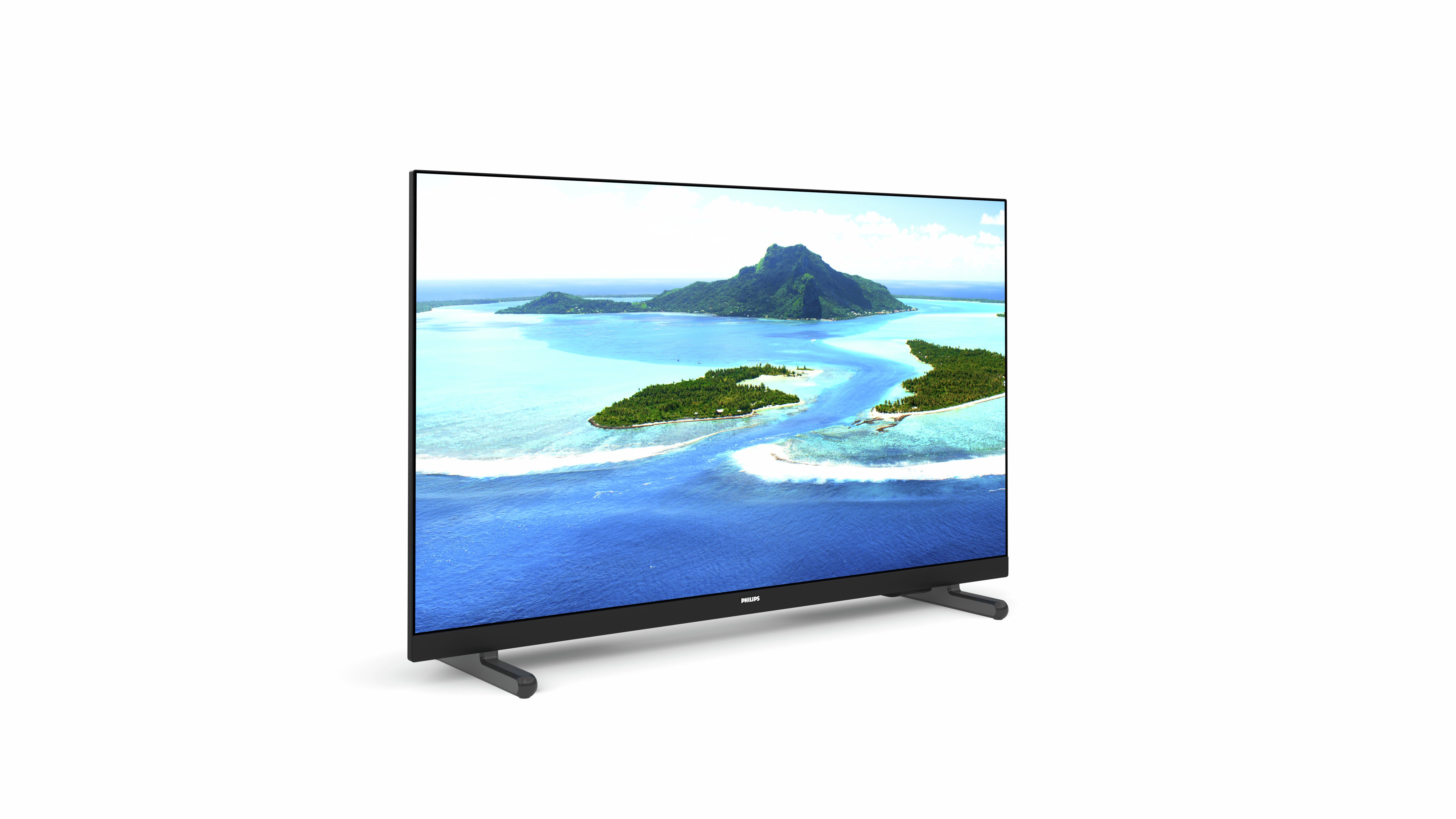Philips 32PHS5507/12 32 tommer LED TV med slank sort ramme og stående støtte, viser en farverig strand og ølandskab på skærmen