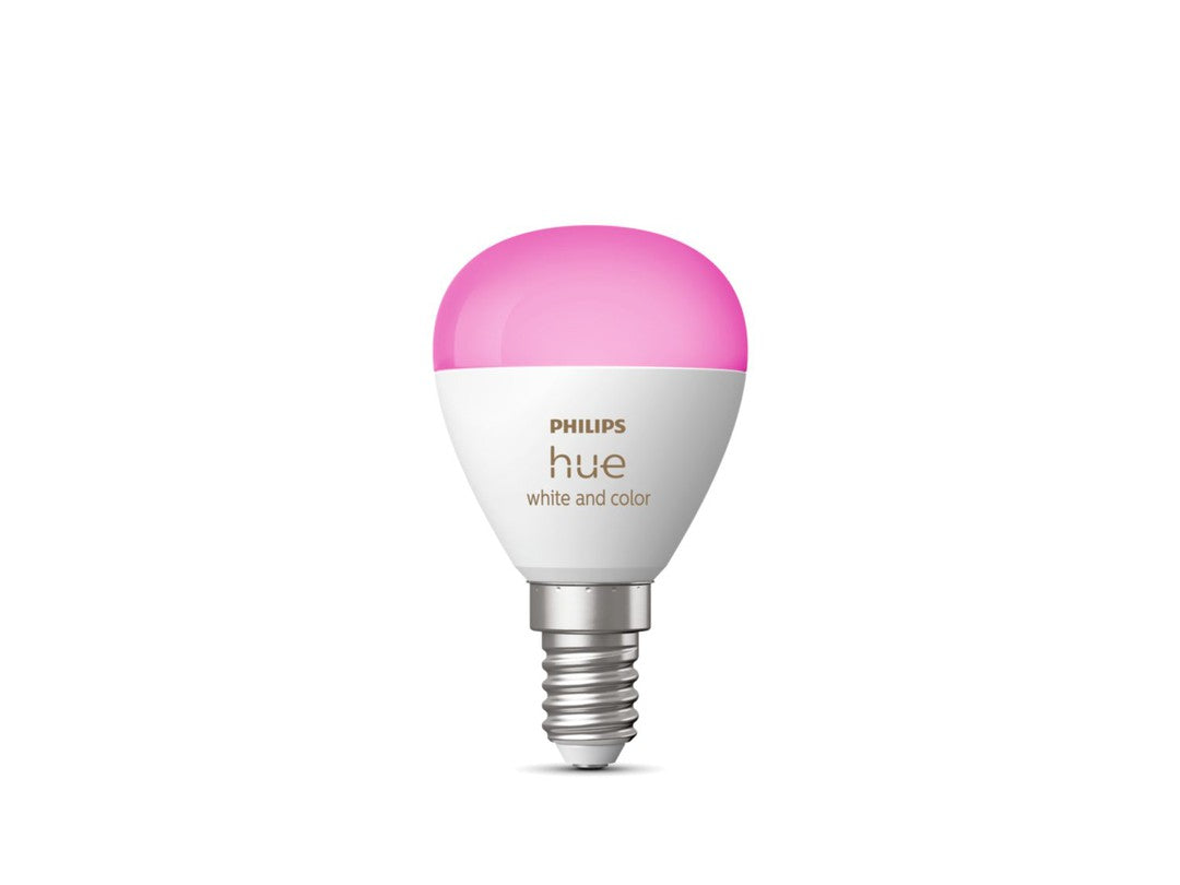 PHILIPS HUE hvid og farvet ambiance E14 lyskilde med en pink kuppel og en hvid bundskruen, designet til at skabe stemningsbelysning i hjemmet