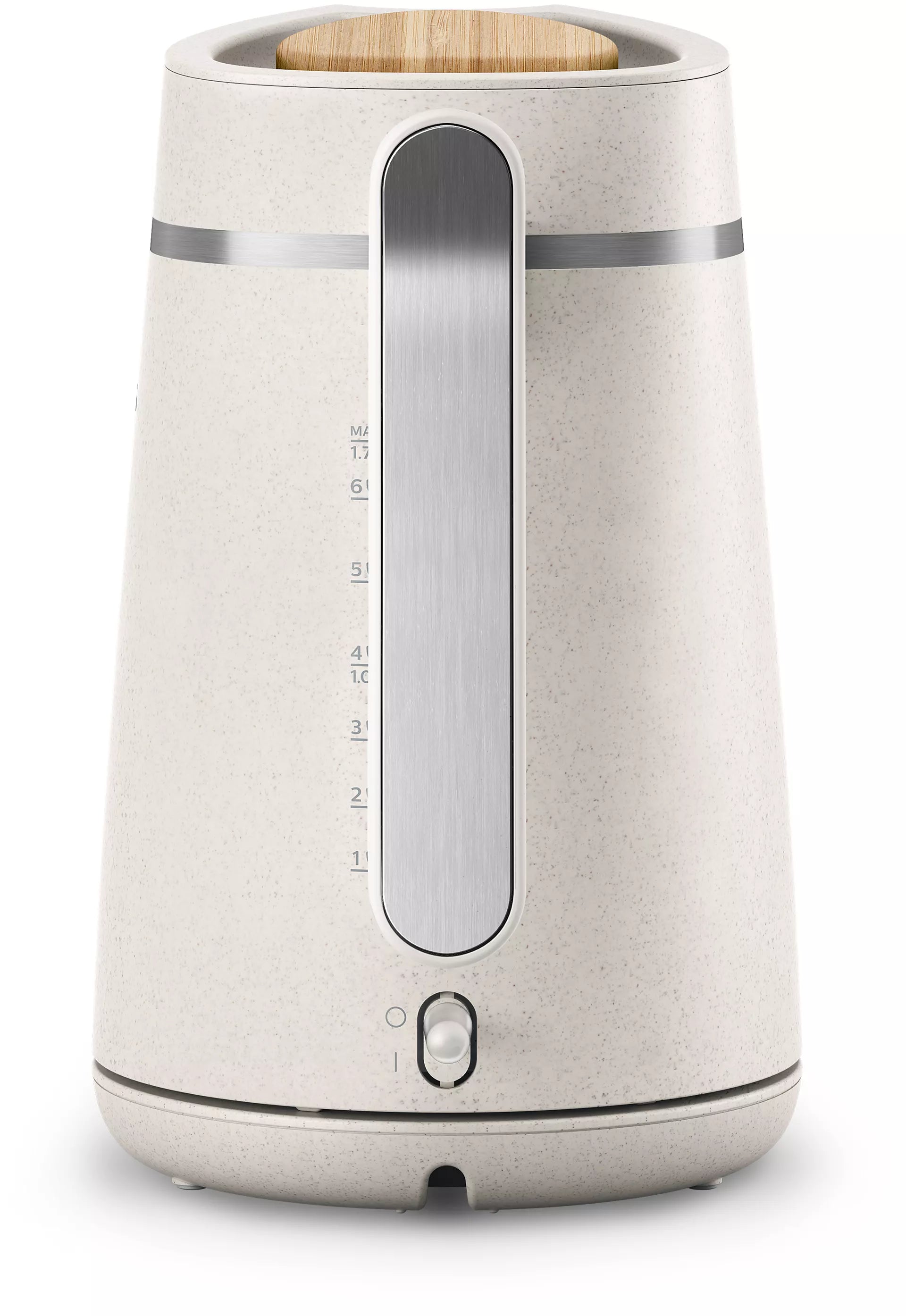 Philips HD9365/10 Eco Conscious Edition elkedel med en let struktur i lyse farver og en træagtig toppen, der tilføjer et naturligt element til køkkenet, har en enkelt betjeningsknap og en vandmåler på siden.