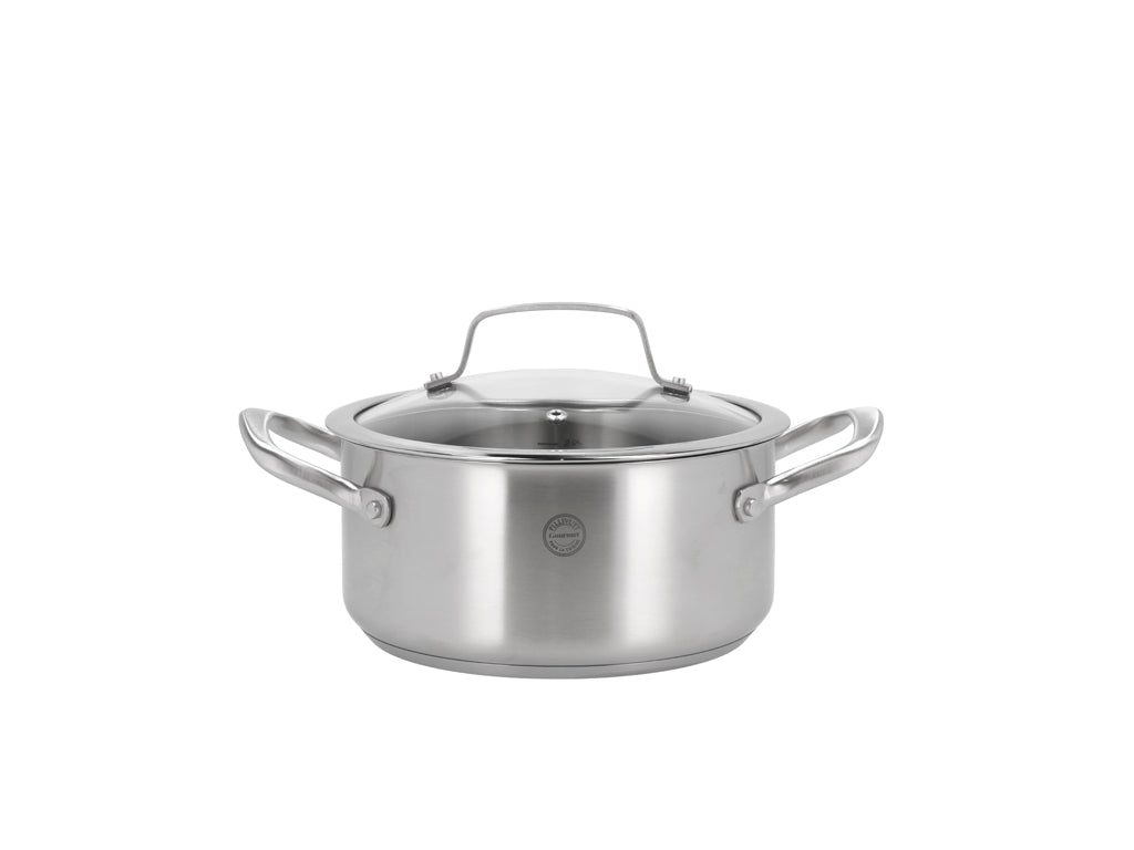 Pillivuyt Gourmet Roya gryde med glaslåg dia 20 cm og kapacitet på 3 liter i rustfrit stål med to håndtag og låg