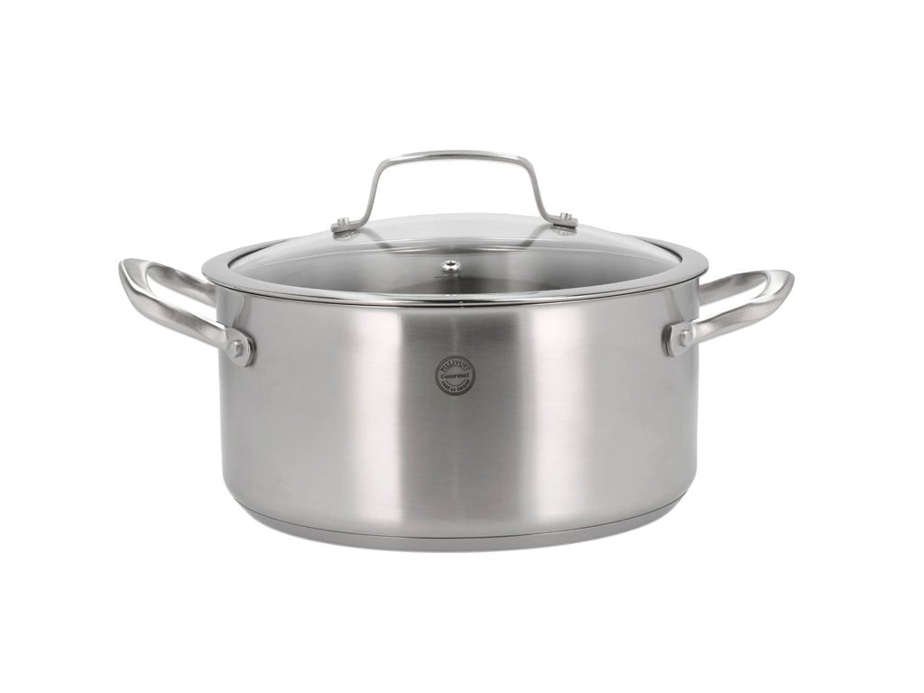 Pillivuyt Gourmet Roya gryde med glaslåg diameter 24 cm og kapacitet på 5,2 liter i rustfrit stål med håndtag på begge sider