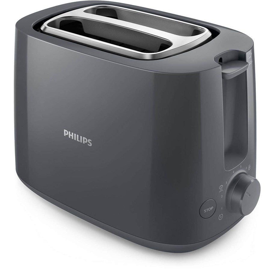 Brødrister fra Philips model HD2581/10 i mørkegrå farve med to brede riste og betjeningsknap på siden samt stopfunktion.