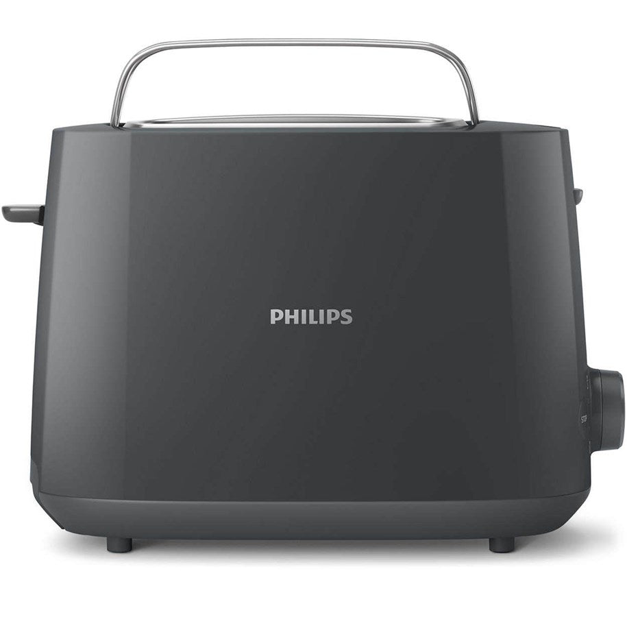 Brødrister fra Philips i mørkegrå med gebørsteret overflade og logo i midten samt kontrolknap på siden