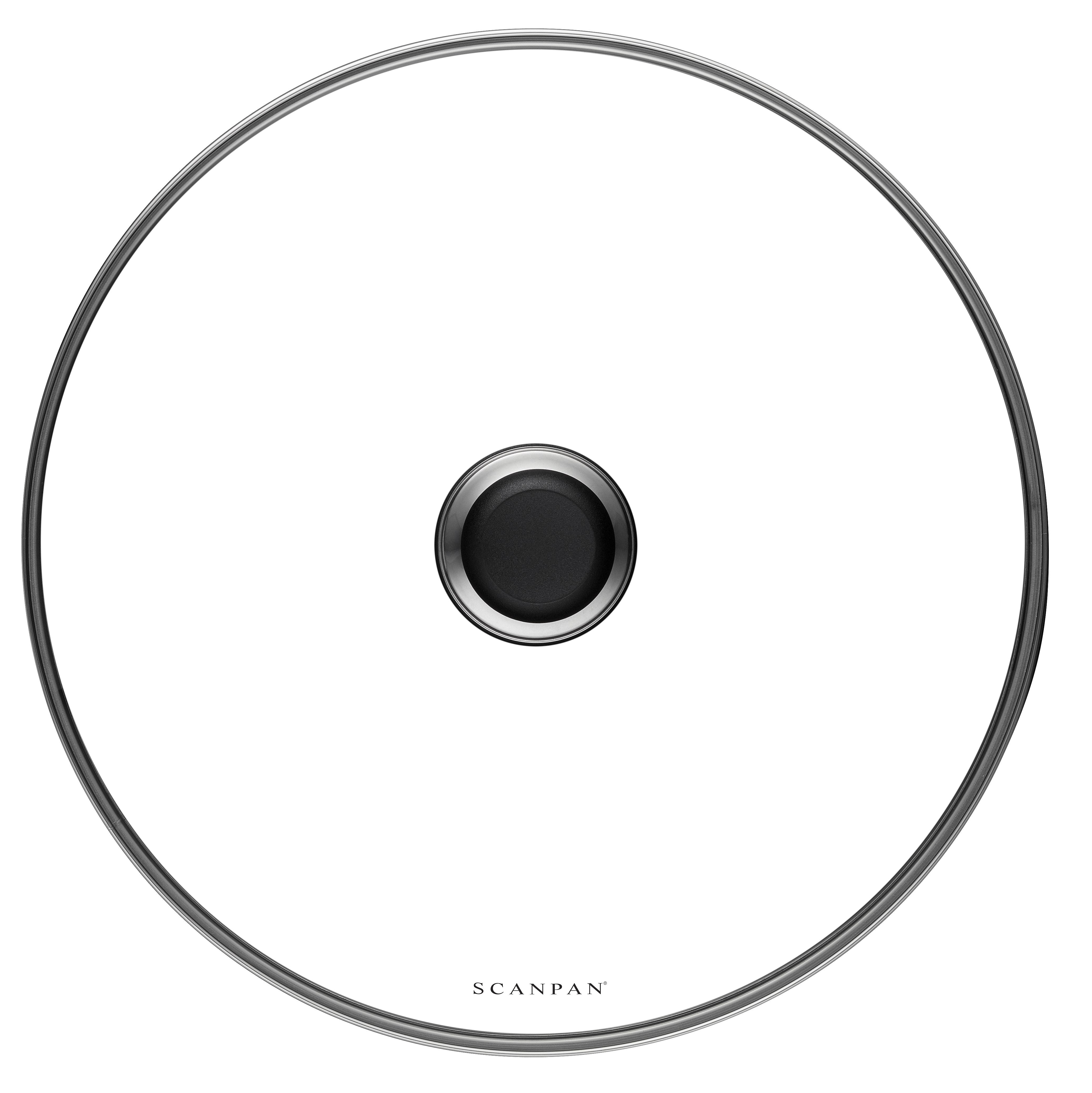 Scanpan 32 cm glaslåg med en sort knap i midten og en stilren metalramme designet til at passe perfekt til stoftkogekar