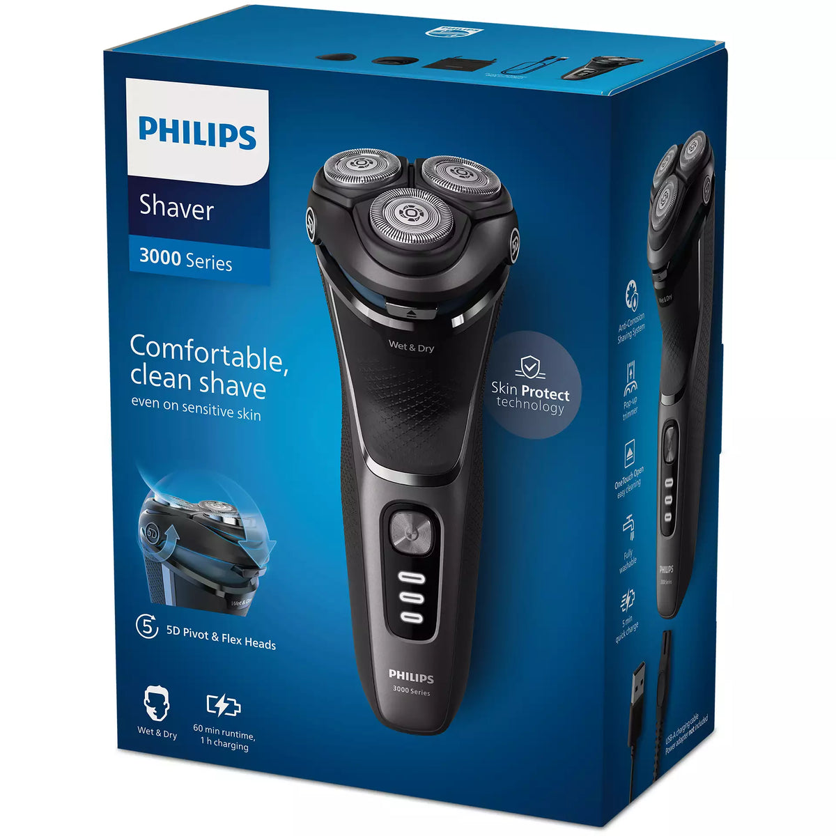 Elektrisk shaver fra Philips S3343/13 til våd og tør barbering i 3000 Series med tre fleksible barberhoved og Skin Protect teknologi på en blå baggrund samt emballagen som viser produktfunktioner og design