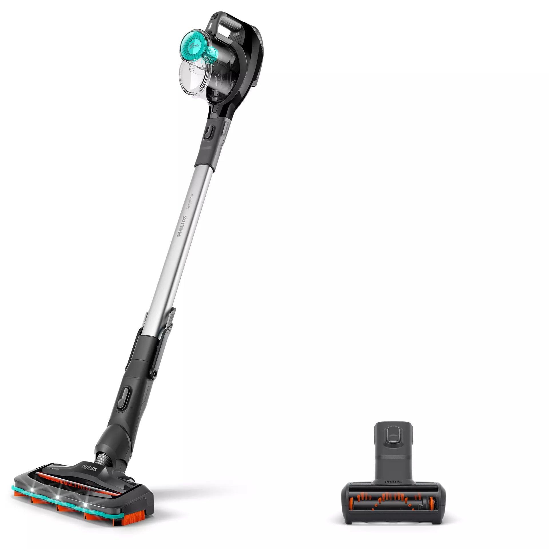 Philips FC6726/01 SpeedPro ledningsfri håndstøvsuger med skaft præsenteres med en støvsuger, der har et moderne design og en transparent beholder til snavs samt en støvsugerhoved ved siden af.