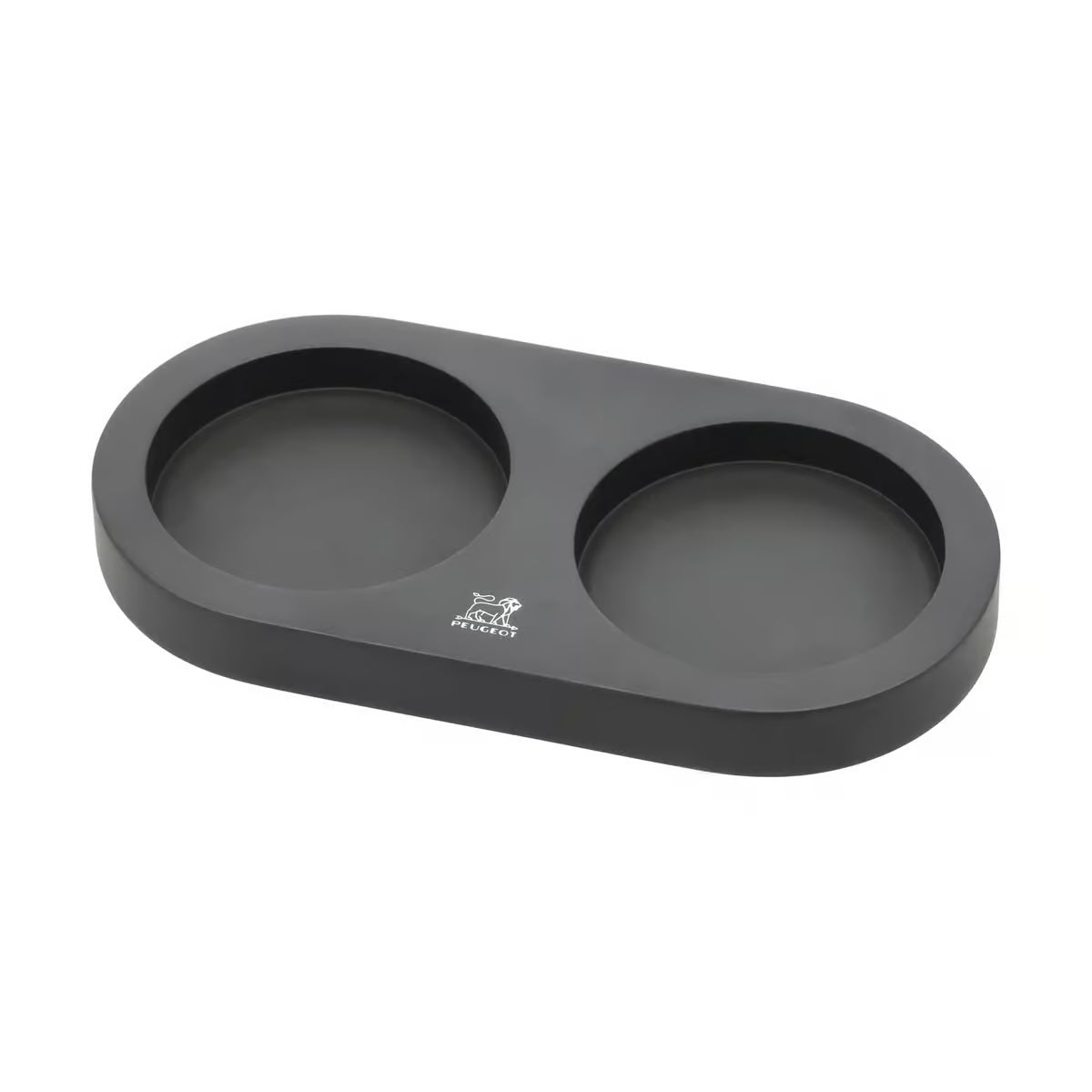 Peugeot holder til to kværne i sort bambus med to runde indholdsrum og logo på overfladen
