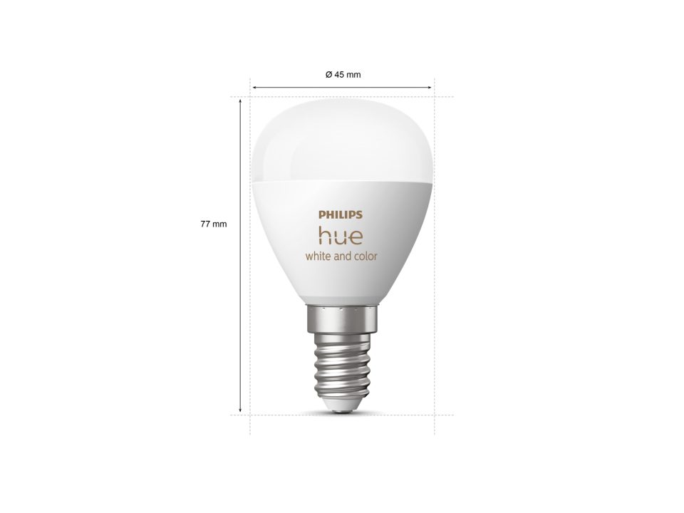 PHILIPS HUE White and Color ambiance E14 lyskilde med rund form og en diameter på 45 mm samt en højde på 77 mm egnet til tilpasning af lysfarver og intensitet