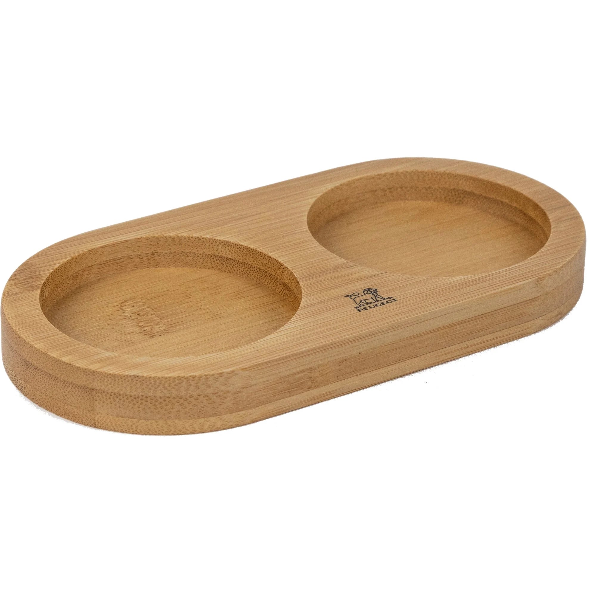 Peugeot holder til to kværne i naturbambus med to runde indholdsområder og en glat overflade designet til køkkenbrug