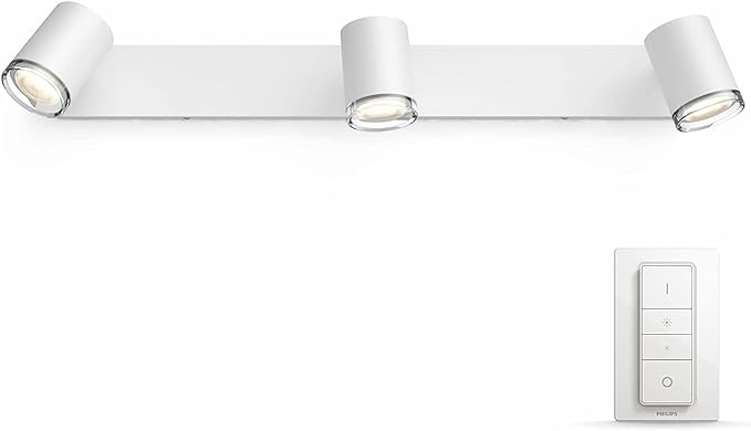 Philips Hue Adore White Ambiance spotlys med tre justerbare lyskilder monteret på en simpel hvid base samt en kontrolenhed til lysjustering